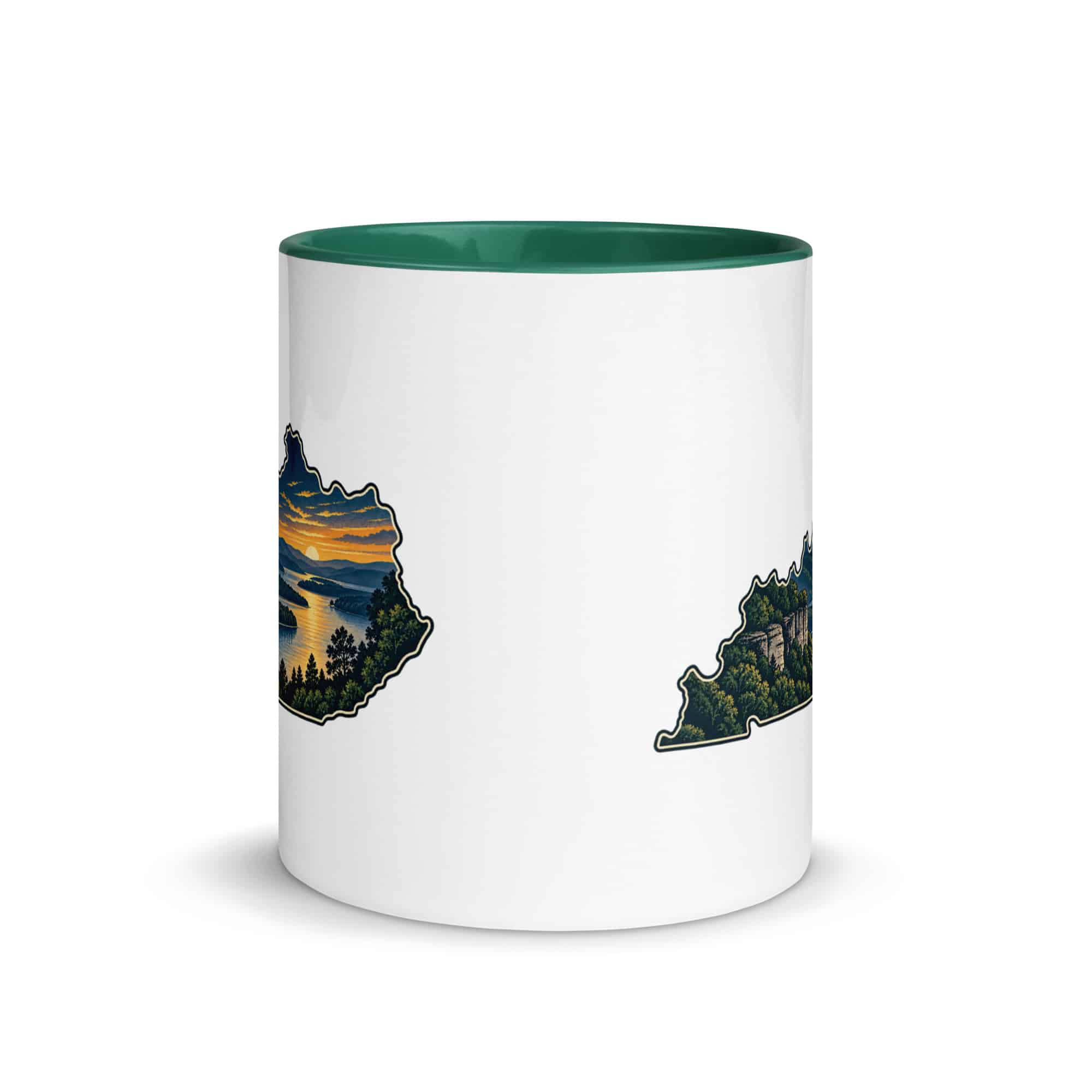Kentucky Color Inside Coffee Mug: River valley at sunset, Illustrated Kentucky Silhouette