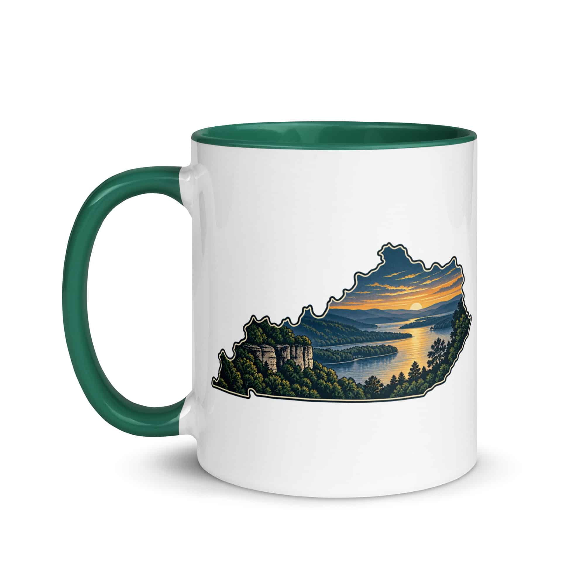 Kentucky Color Inside Coffee Mug: River valley at sunset, Illustrated Kentucky Silhouette