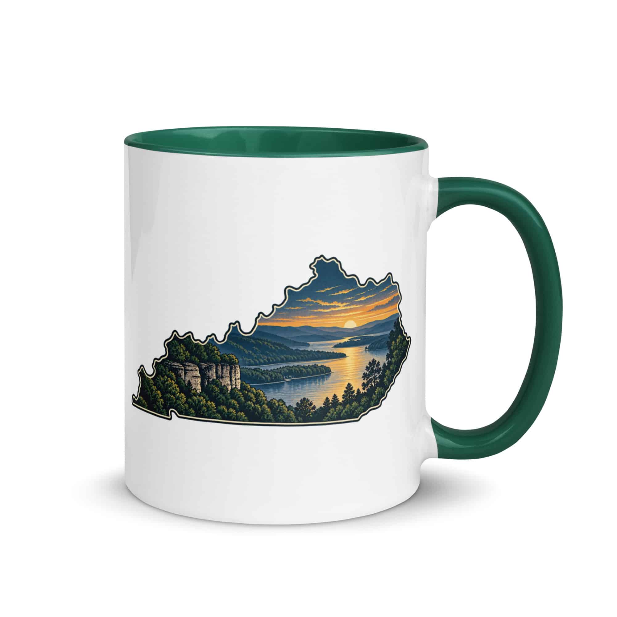 Kentucky Color Inside Coffee Mug: River valley at sunset, Illustrated Kentucky Silhouette