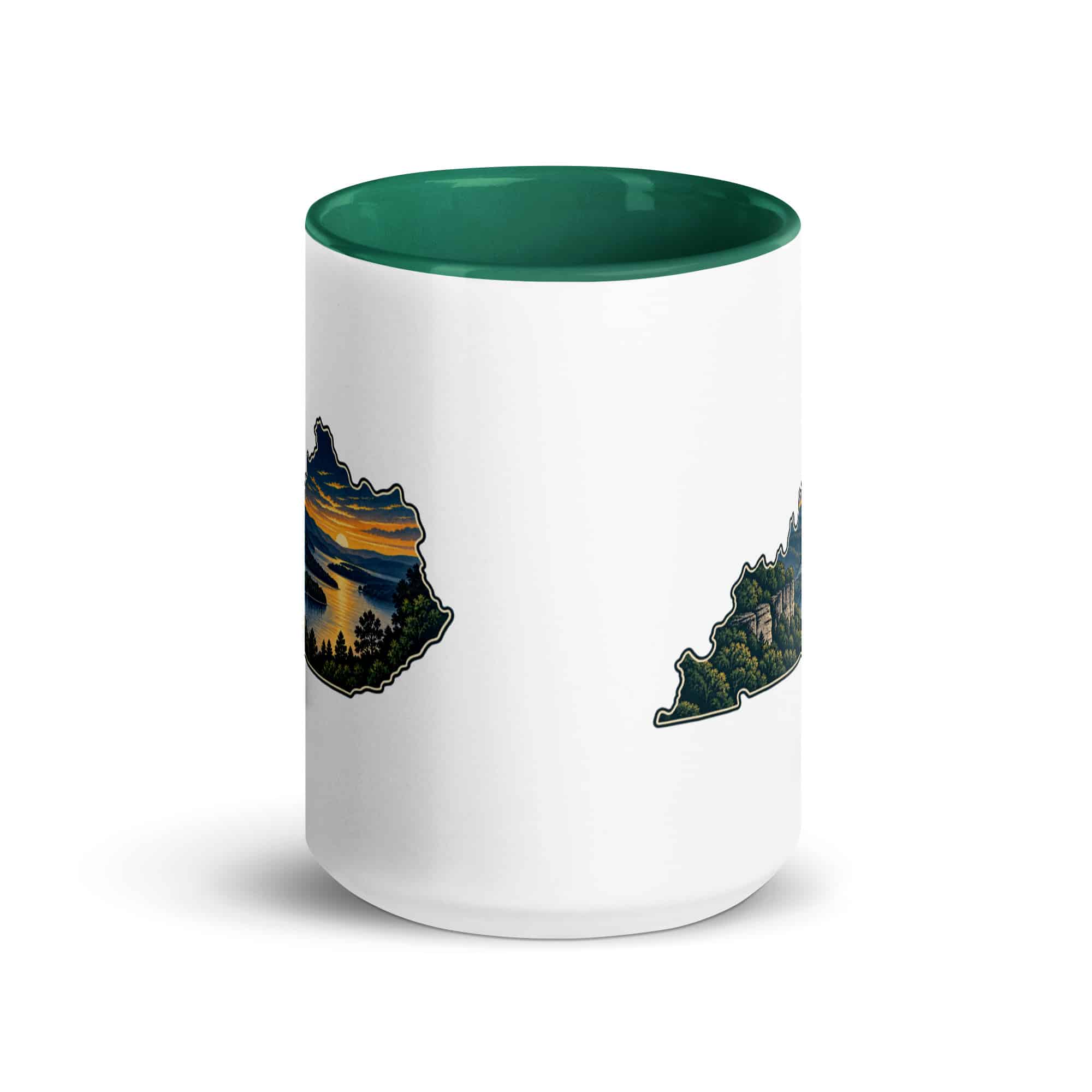 Kentucky Color Inside Coffee Mug: River valley at sunset, Illustrated Kentucky Silhouette
