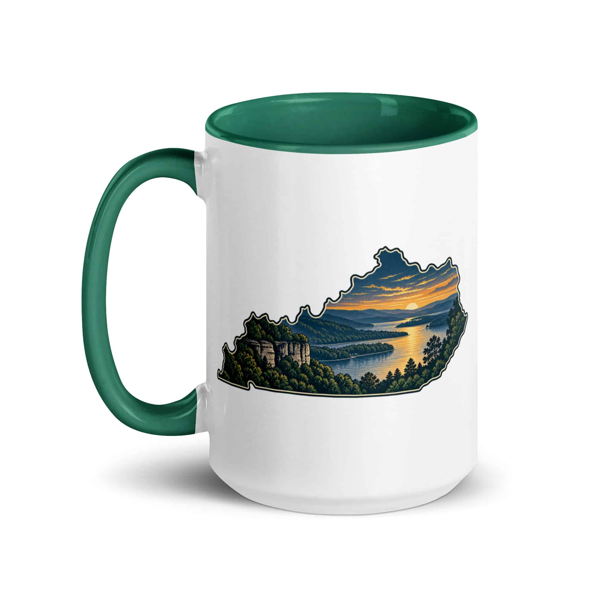Kentucky Color Inside Coffee Mug: River valley at sunset, Illustrated Kentucky Silhouette