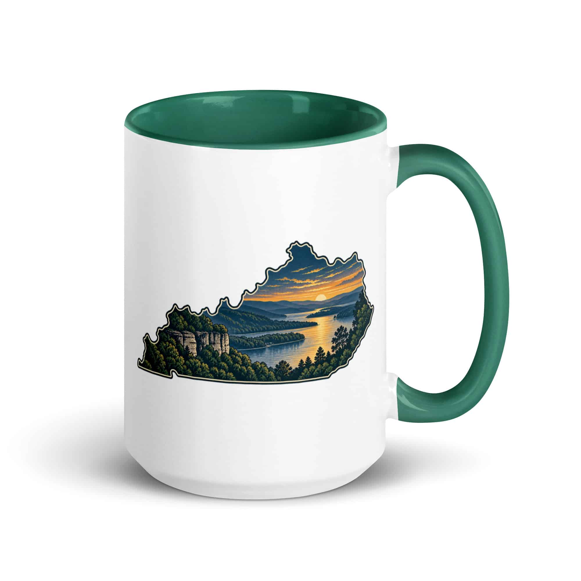 Kentucky Color Inside Coffee Mug: River valley at sunset, Illustrated Kentucky Silhouette
