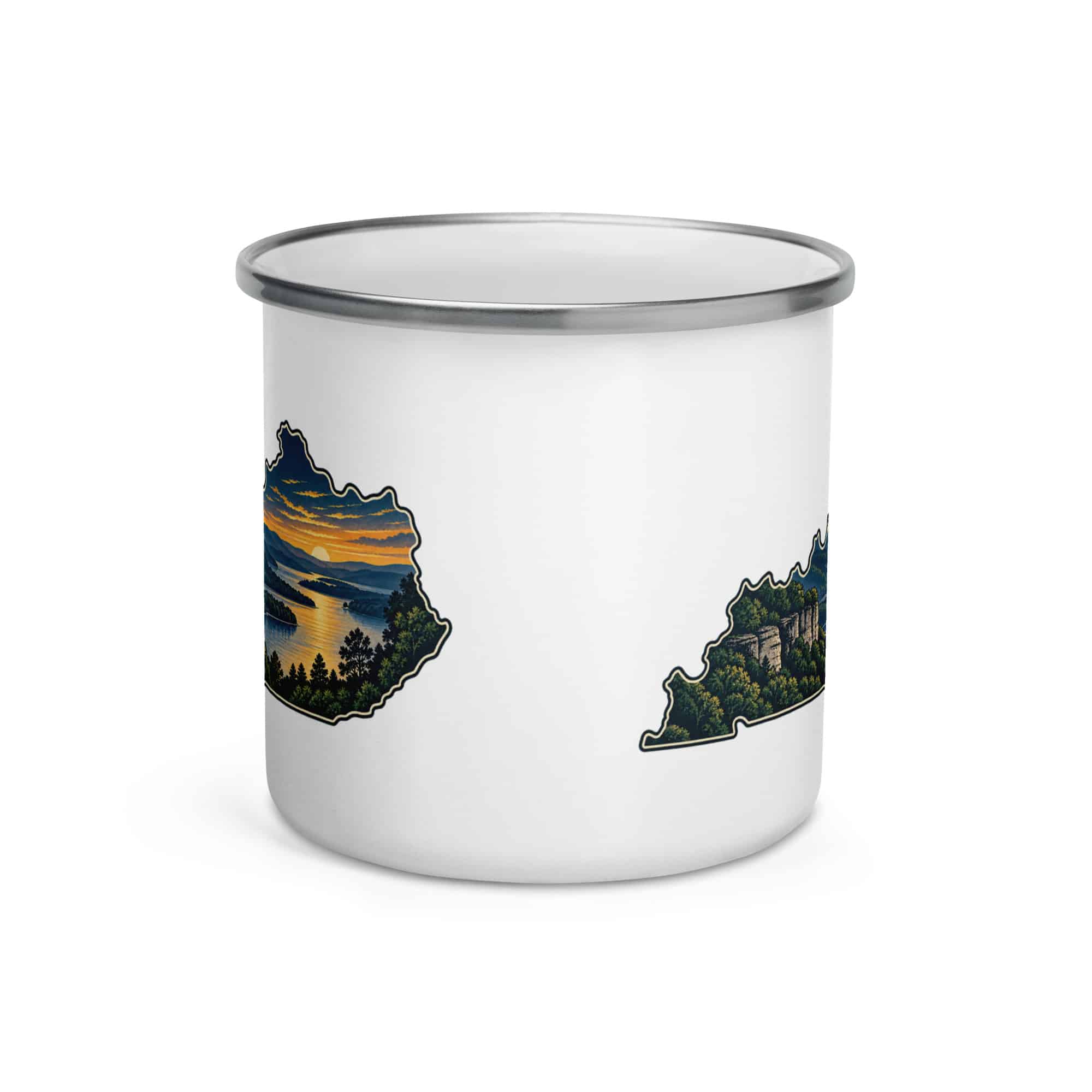 Kentucky Enamel Camp Mug: River valley at sunset, Illustrated Kentucky Silhouette