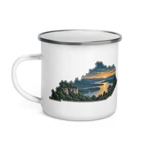 Kentucky Enamel Camp Mug: River valley at sunset, Illustrated Kentucky Silhouette - 12 oz - Left