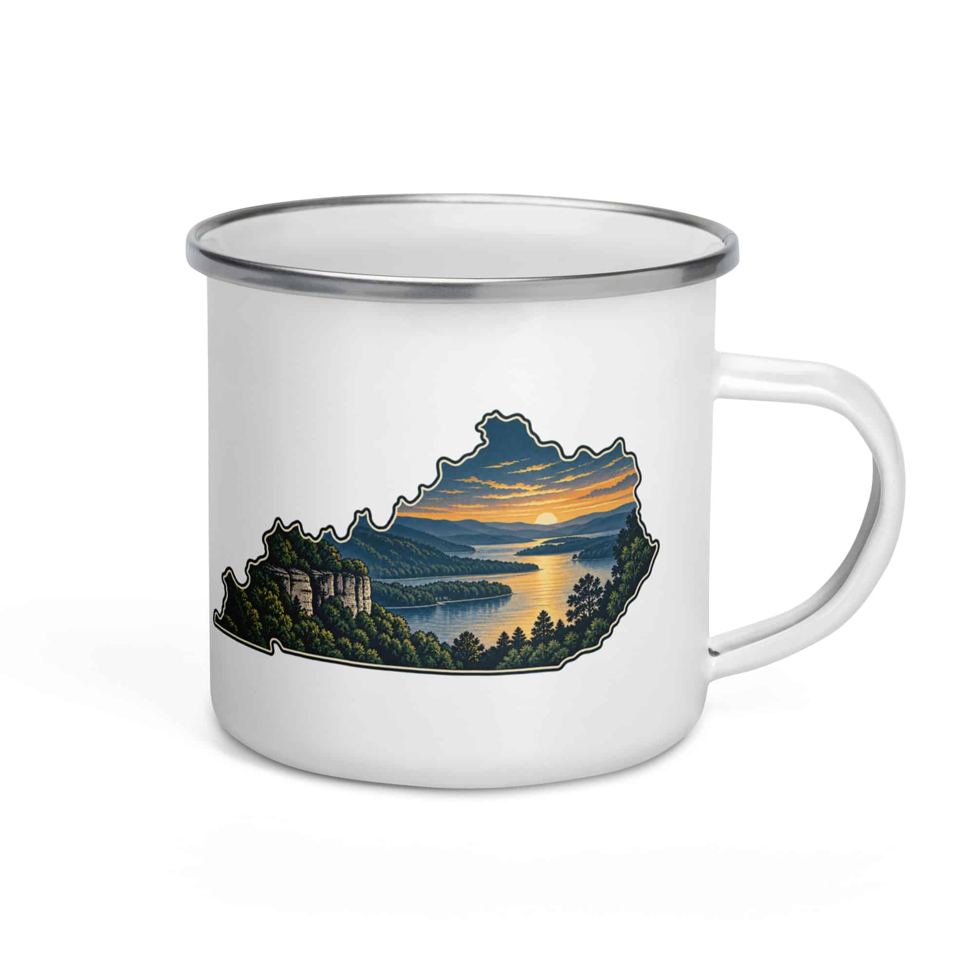 Kentucky Enamel Camp Mug: River valley at sunset, Illustrated Kentucky Silhouette