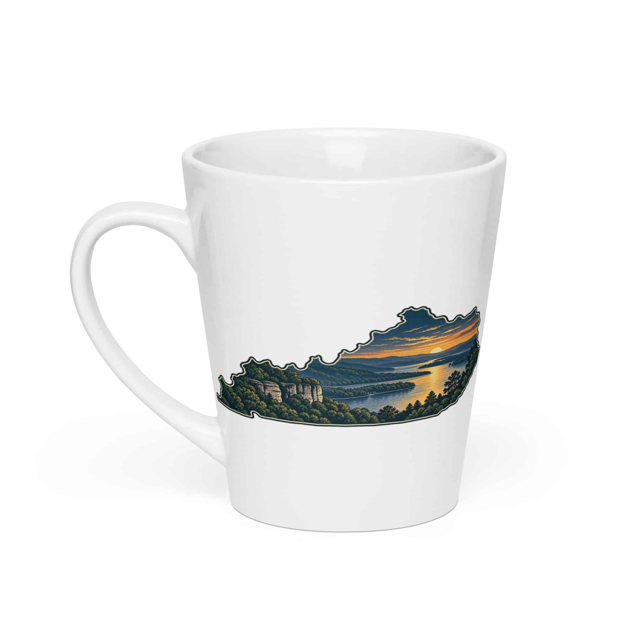Kentucky Latte Mug: River valley at sunset, Illustrated Kentucky Silhouette