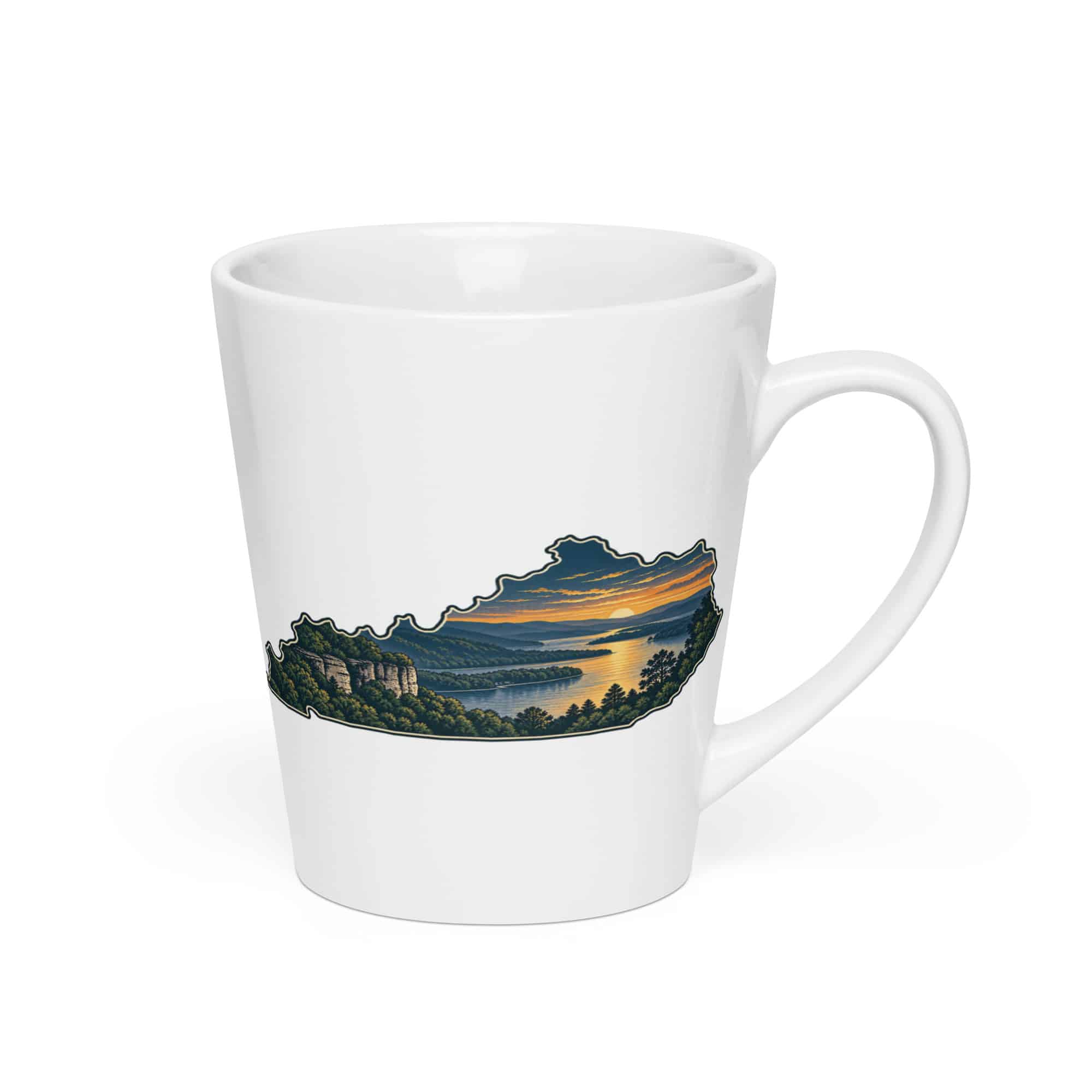 Kentucky Latte Mug: River valley at sunset, Illustrated Kentucky Silhouette