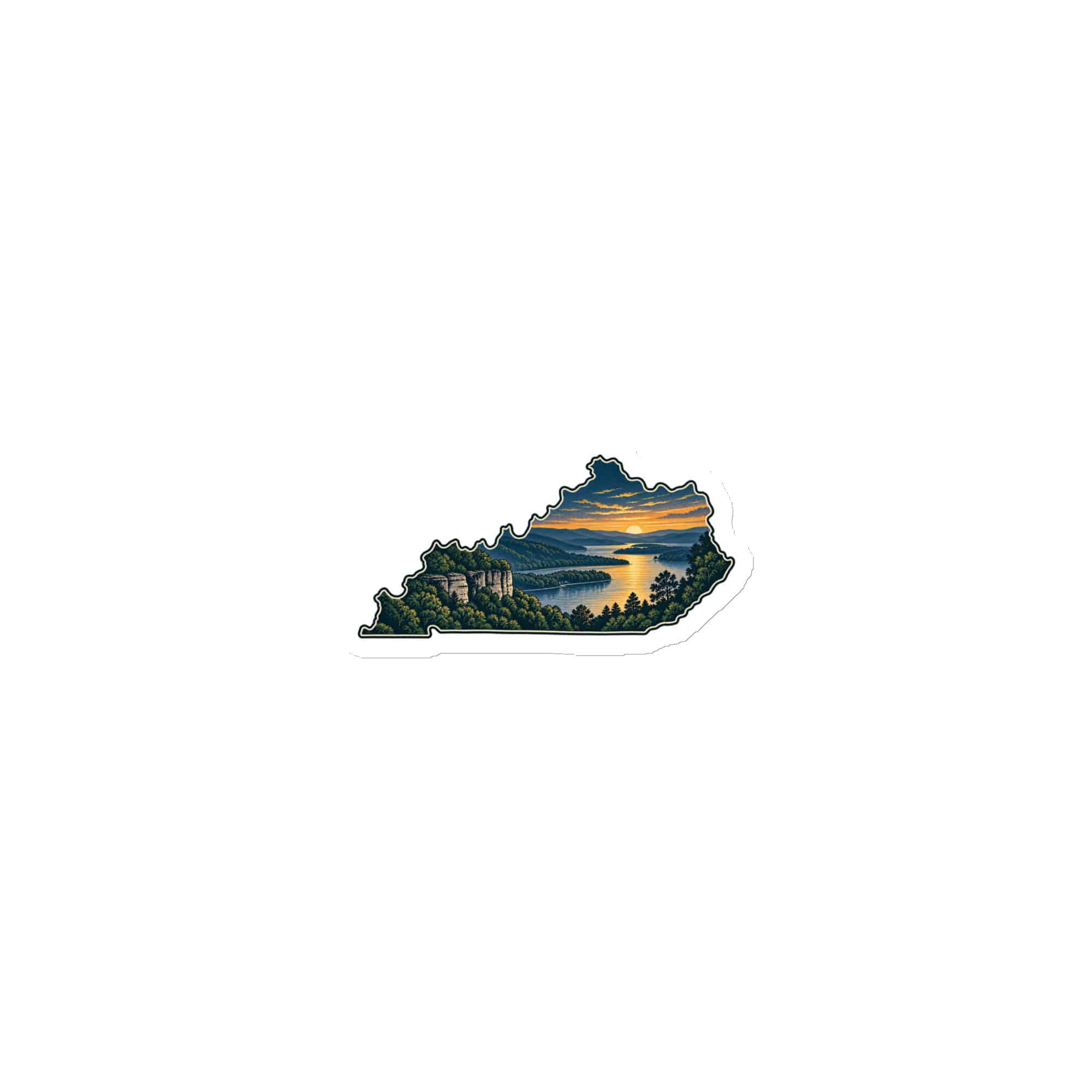 Kentucky Die-Cut Magnet: River valley at sunset, Illustrated Kentucky Silhouette