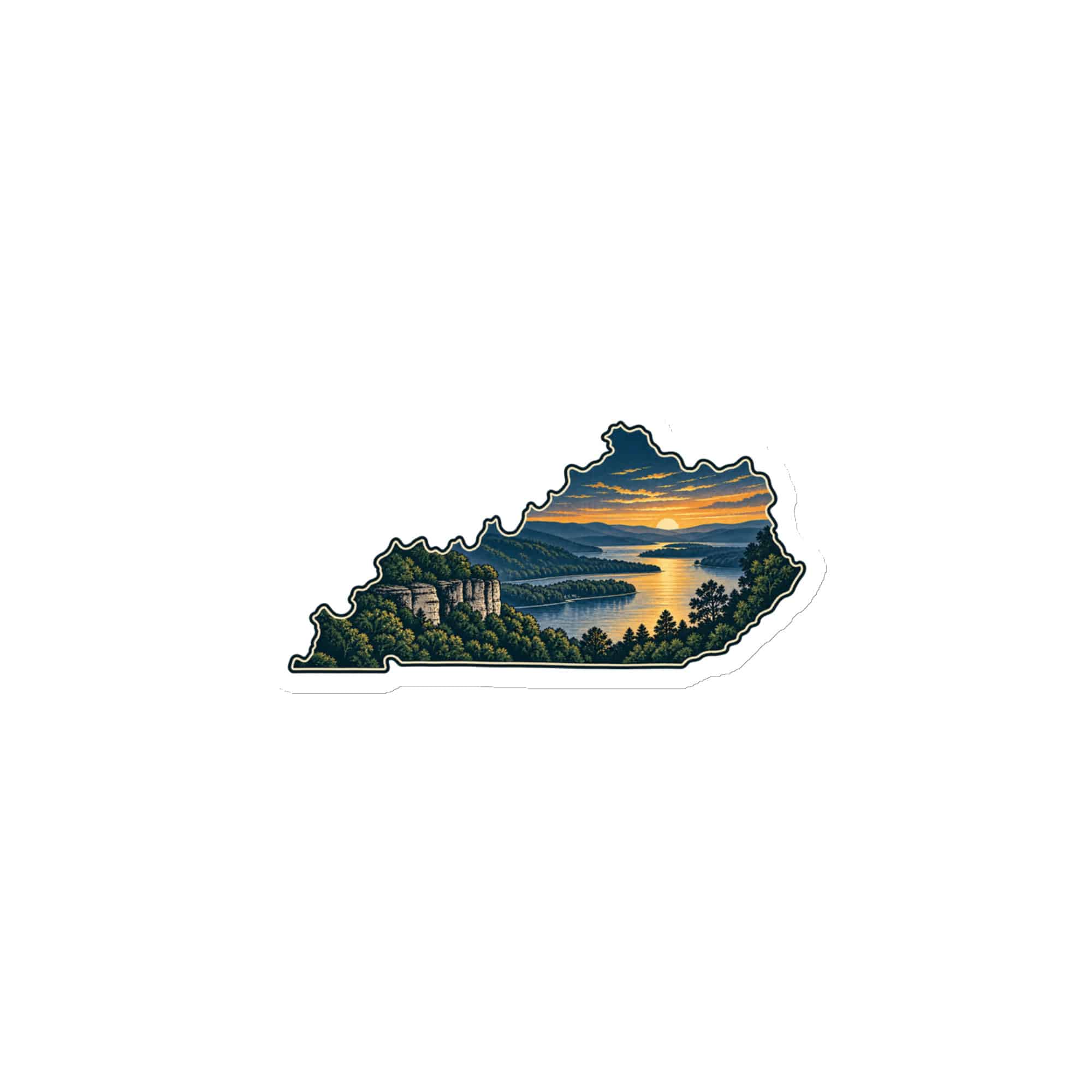 Kentucky Die-Cut Magnet: River valley at sunset, Illustrated Kentucky Silhouette