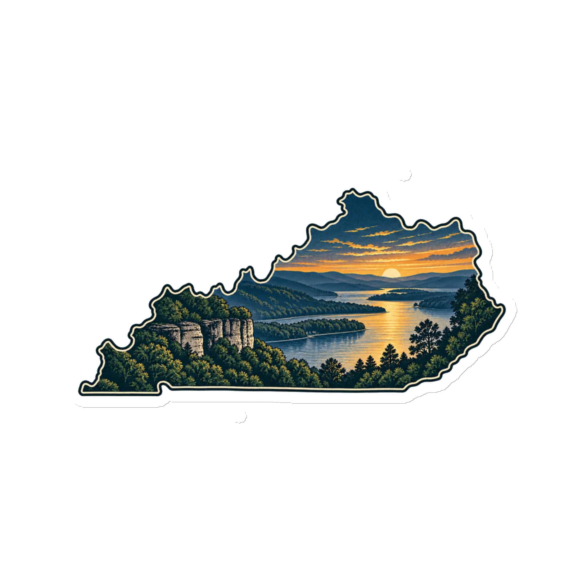 Kentucky Die-Cut Magnet: River valley at sunset, Illustrated Kentucky Silhouette