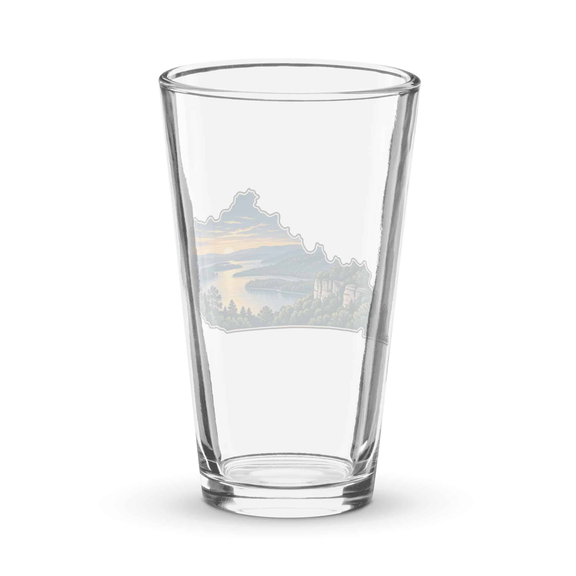 Kentucky Pint Glass: River valley at sunset, Illustrated Kentucky Silhouette