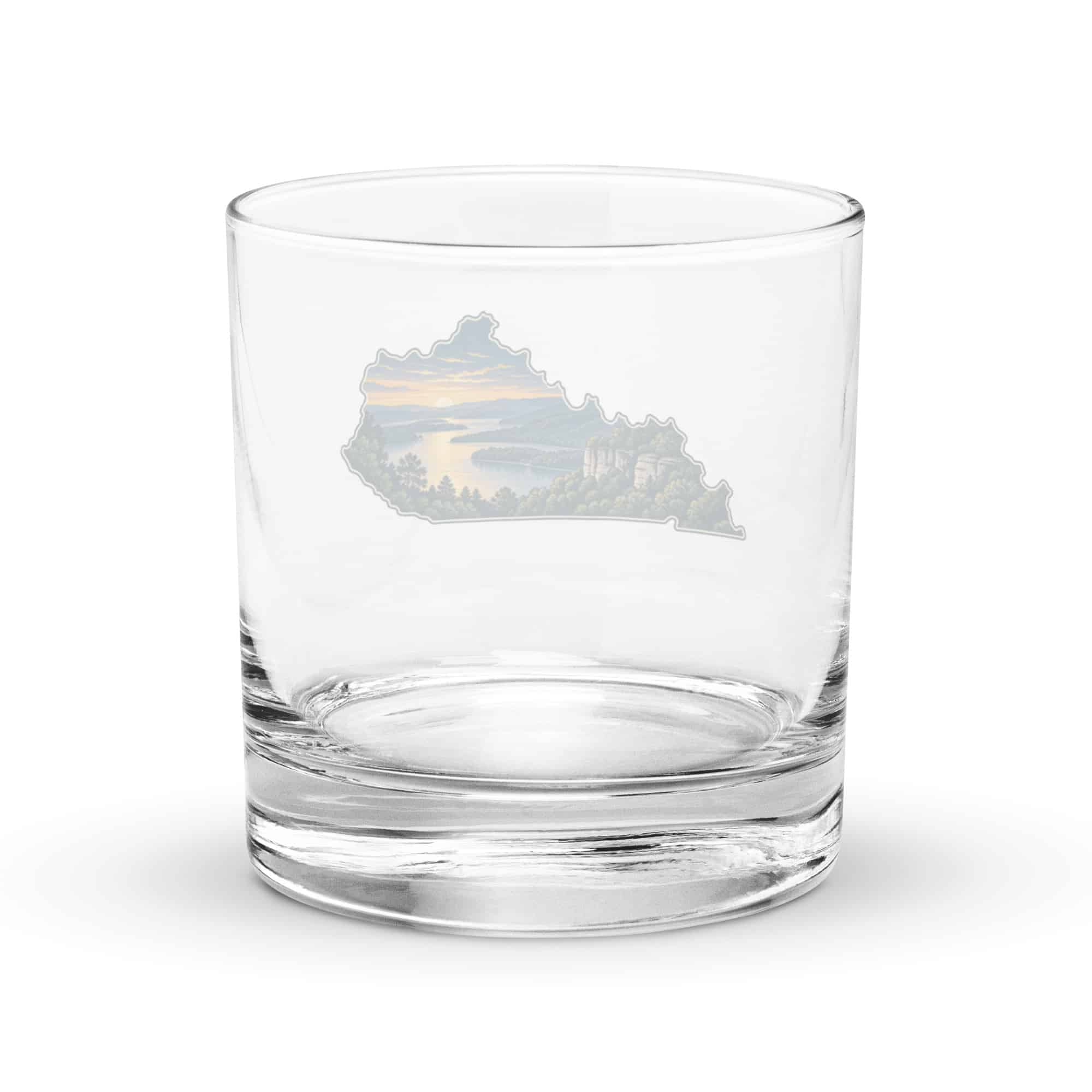 Kentucky Rocks Glass: River valley at sunset, Illustrated Kentucky Silhouette