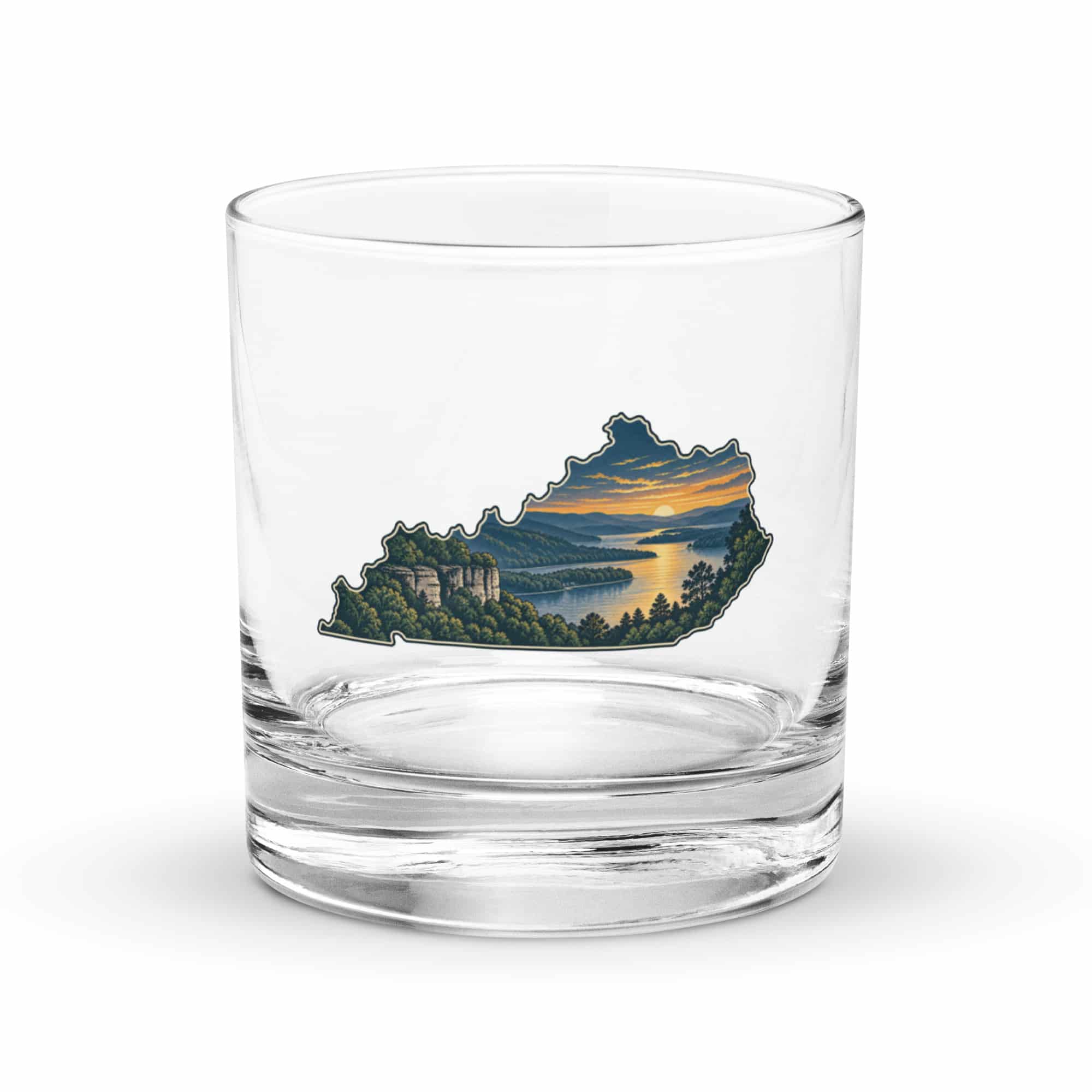 Kentucky Rocks Glass: River valley at sunset, Illustrated Kentucky Silhouette