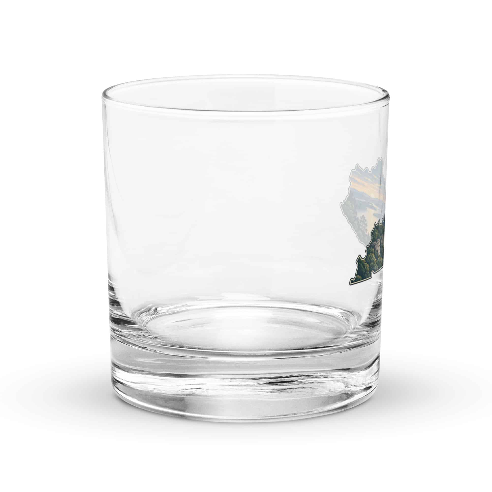 Kentucky Rocks Glass: River valley at sunset, Illustrated Kentucky Silhouette