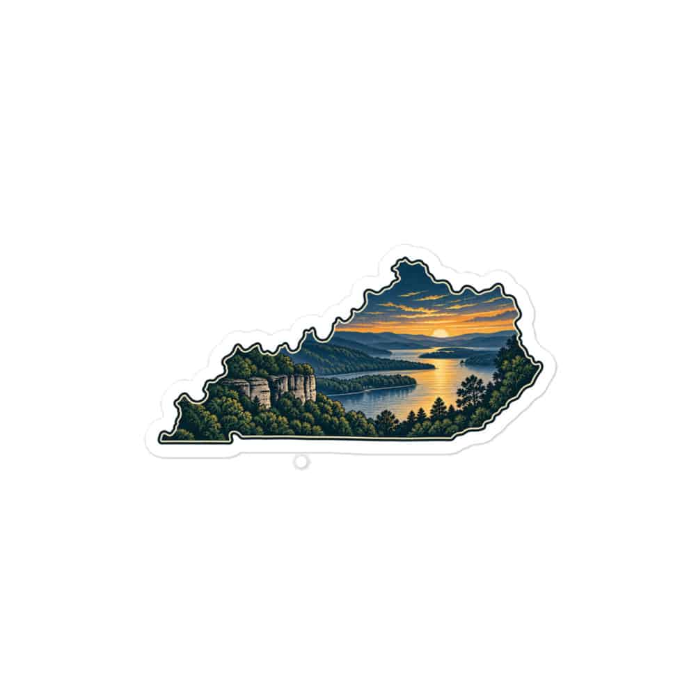 Kentucky Vinyl Sticker: River valley at sunset, Illustrated Kentucky Silhouette