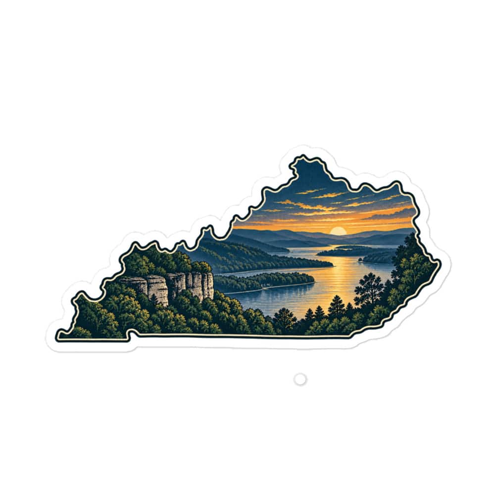 Kentucky Vinyl Sticker: River valley at sunset, Illustrated Kentucky Silhouette