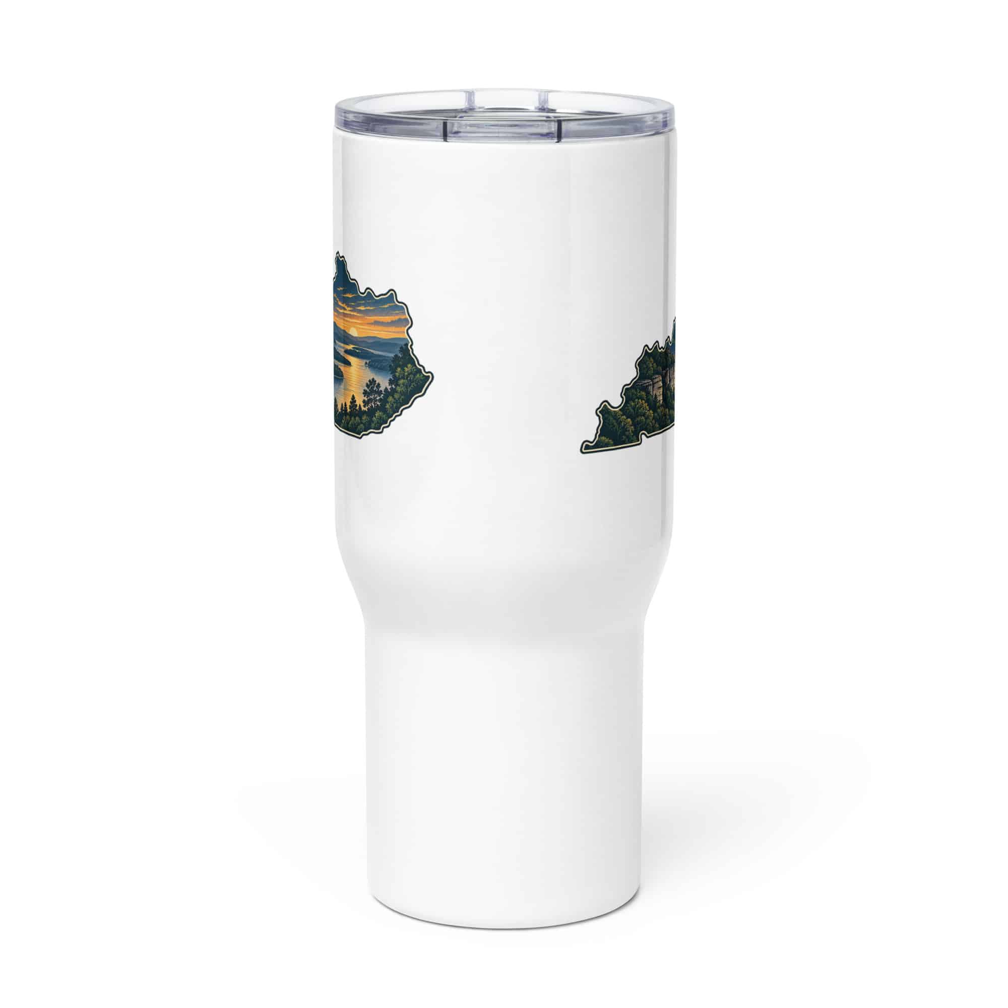 Kentucky Travel Mug: River valley at sunset, Illustrated Kentucky Silhouette