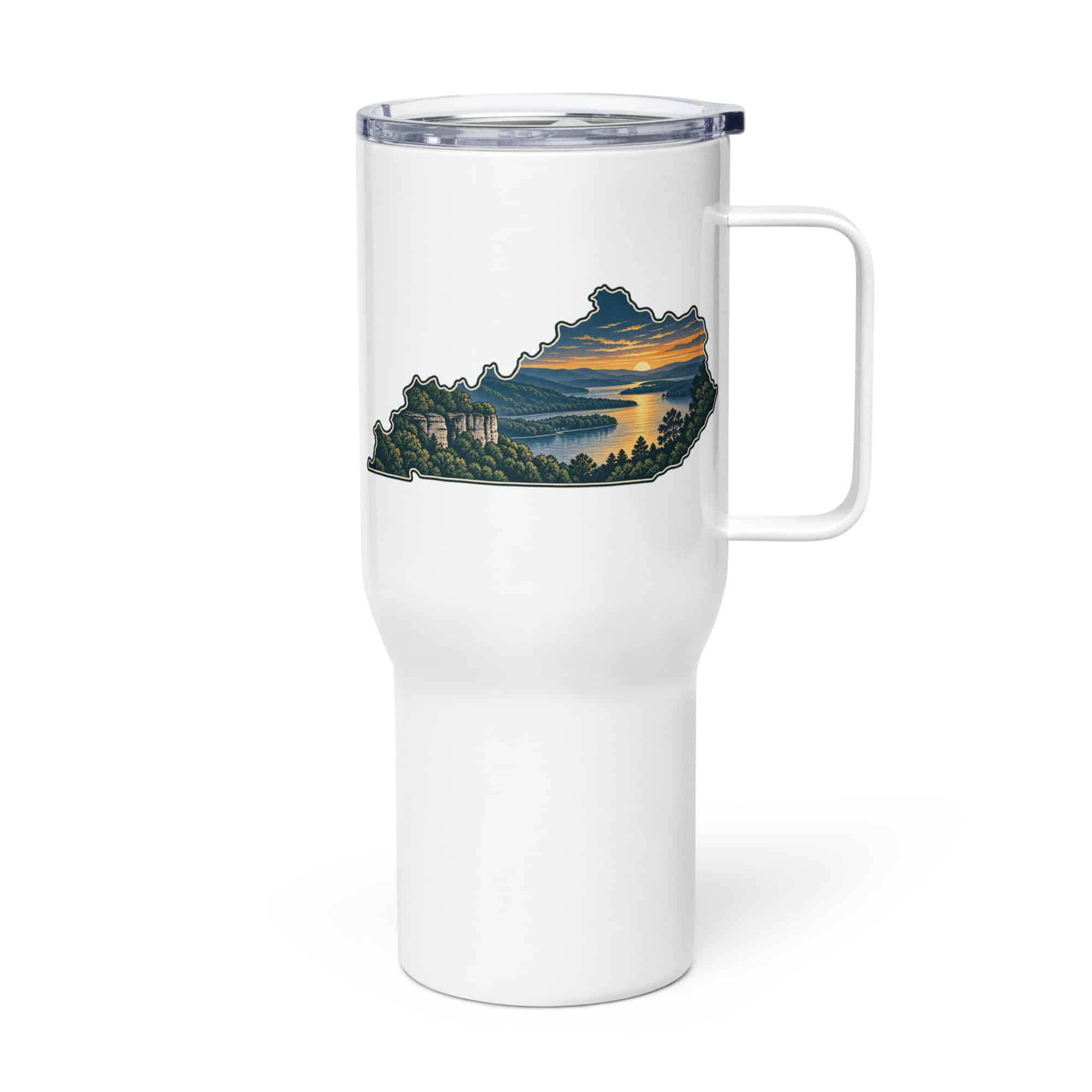 Kentucky Travel Mug: River valley at sunset, Illustrated Kentucky Silhouette