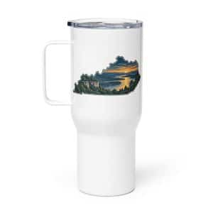 Kentucky Travel Mug: River valley at sunset, Illustrated Kentucky Silhouette - 25 oz - Main