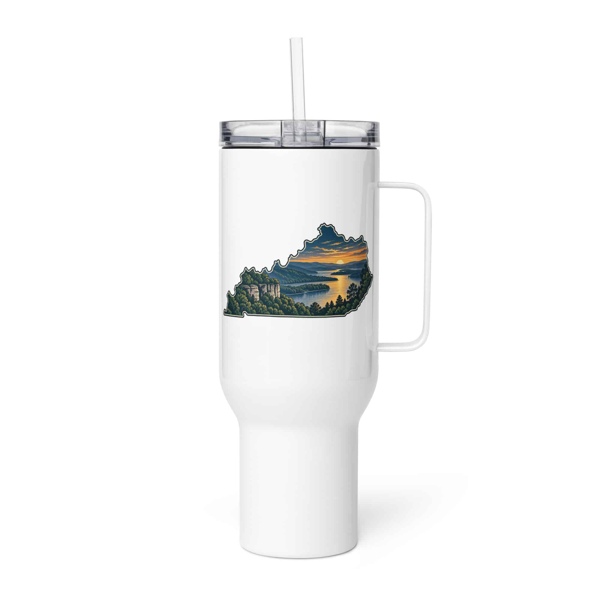 Kentucky Travel Mug: River valley at sunset, Illustrated Kentucky Silhouette