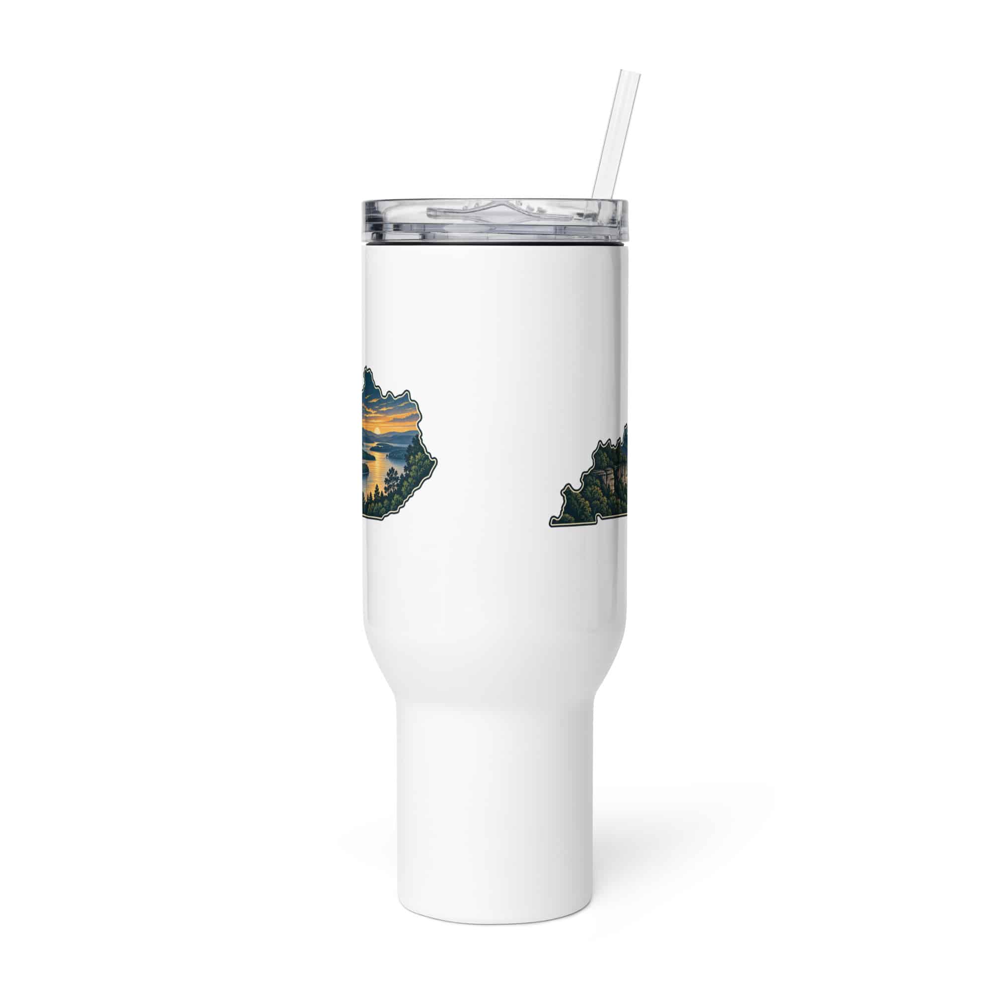Kentucky Travel Mug: River valley at sunset, Illustrated Kentucky Silhouette