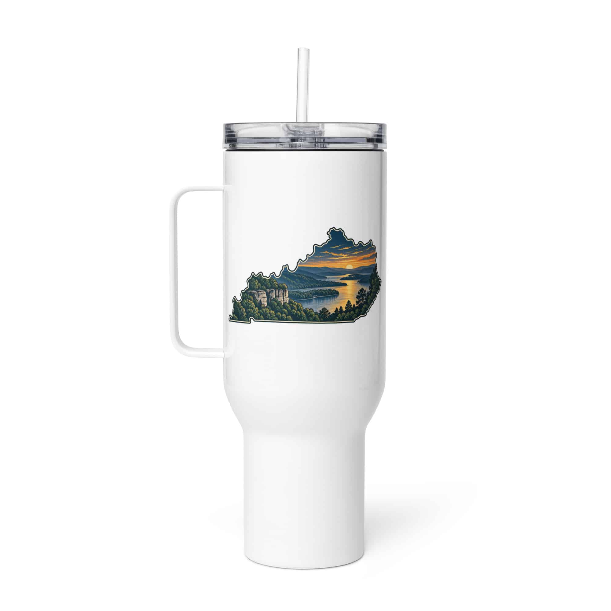 Kentucky Travel Mug: River valley at sunset, Illustrated Kentucky Silhouette