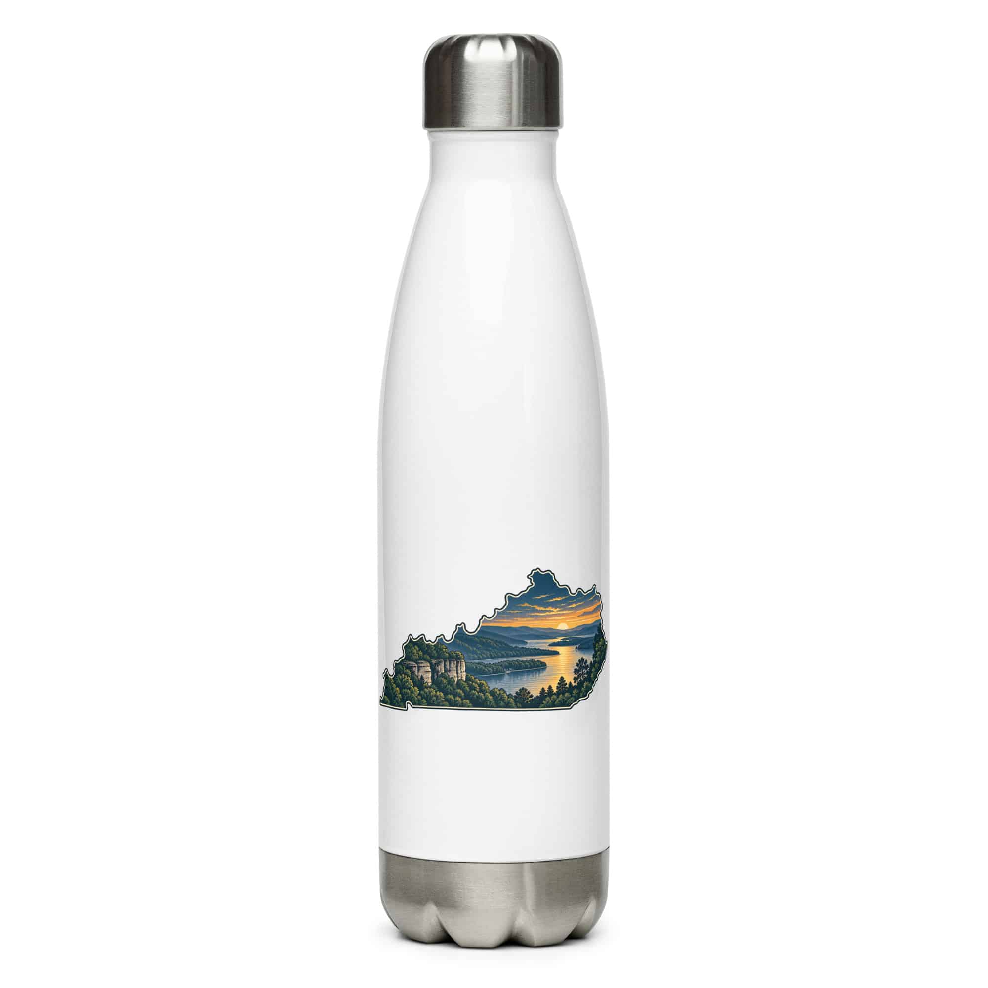 Kentucky Stainless Steel Water Bottle: River valley at sunset, Illustrated Kentucky Silhouette