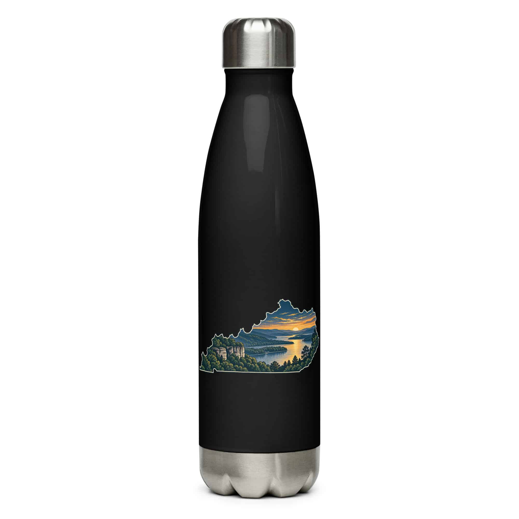 Kentucky Stainless Steel Water Bottle: River valley at sunset, Illustrated Kentucky Silhouette