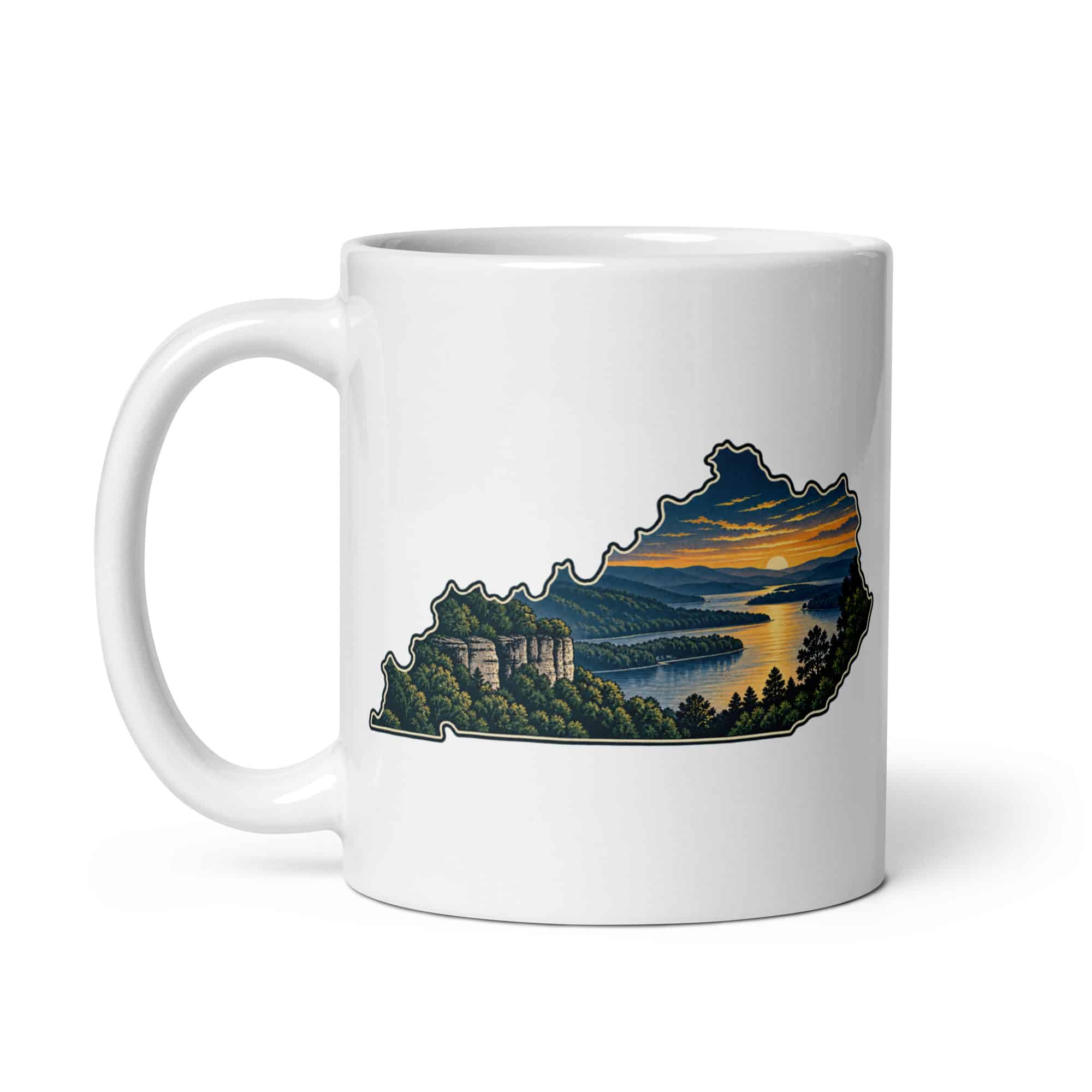 Kentucky White Ceramic Coffee Mug: River valley at sunset, Illustrated Kentucky Silhouette