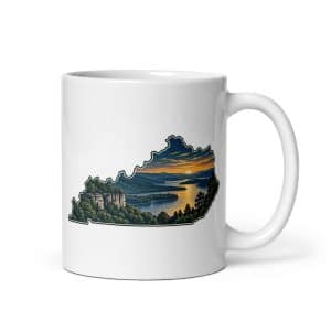 Kentucky White Ceramic Coffee Mug: River valley at sunset, Illustrated Kentucky Silhouette - 11 oz - Main
