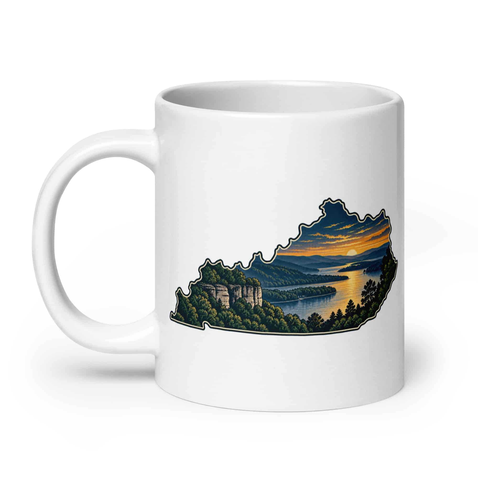 Kentucky White Ceramic Coffee Mug: River valley at sunset, Illustrated Kentucky Silhouette