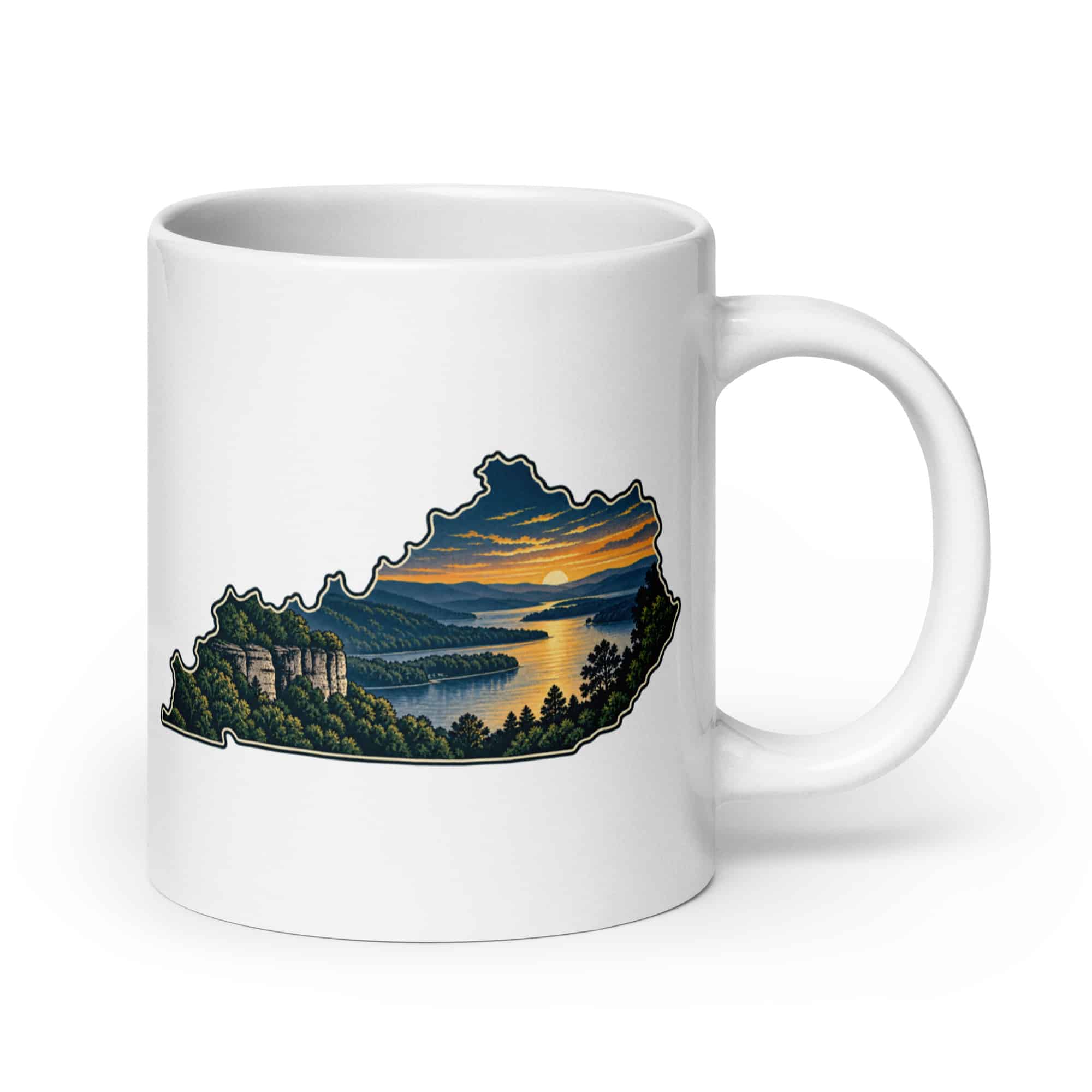 Kentucky White Ceramic Coffee Mug: River valley at sunset, Illustrated Kentucky Silhouette