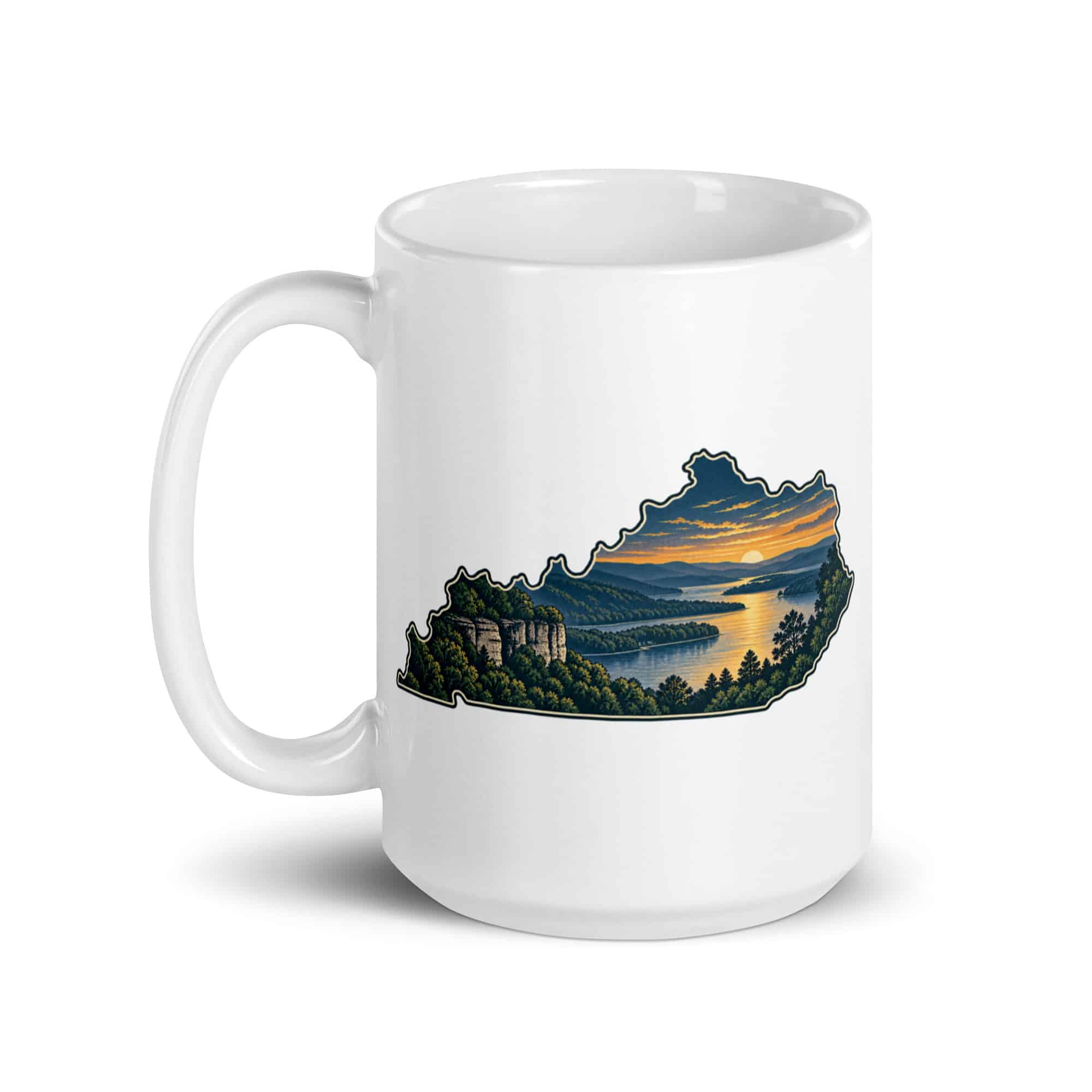 Kentucky White Ceramic Coffee Mug: River valley at sunset, Illustrated Kentucky Silhouette