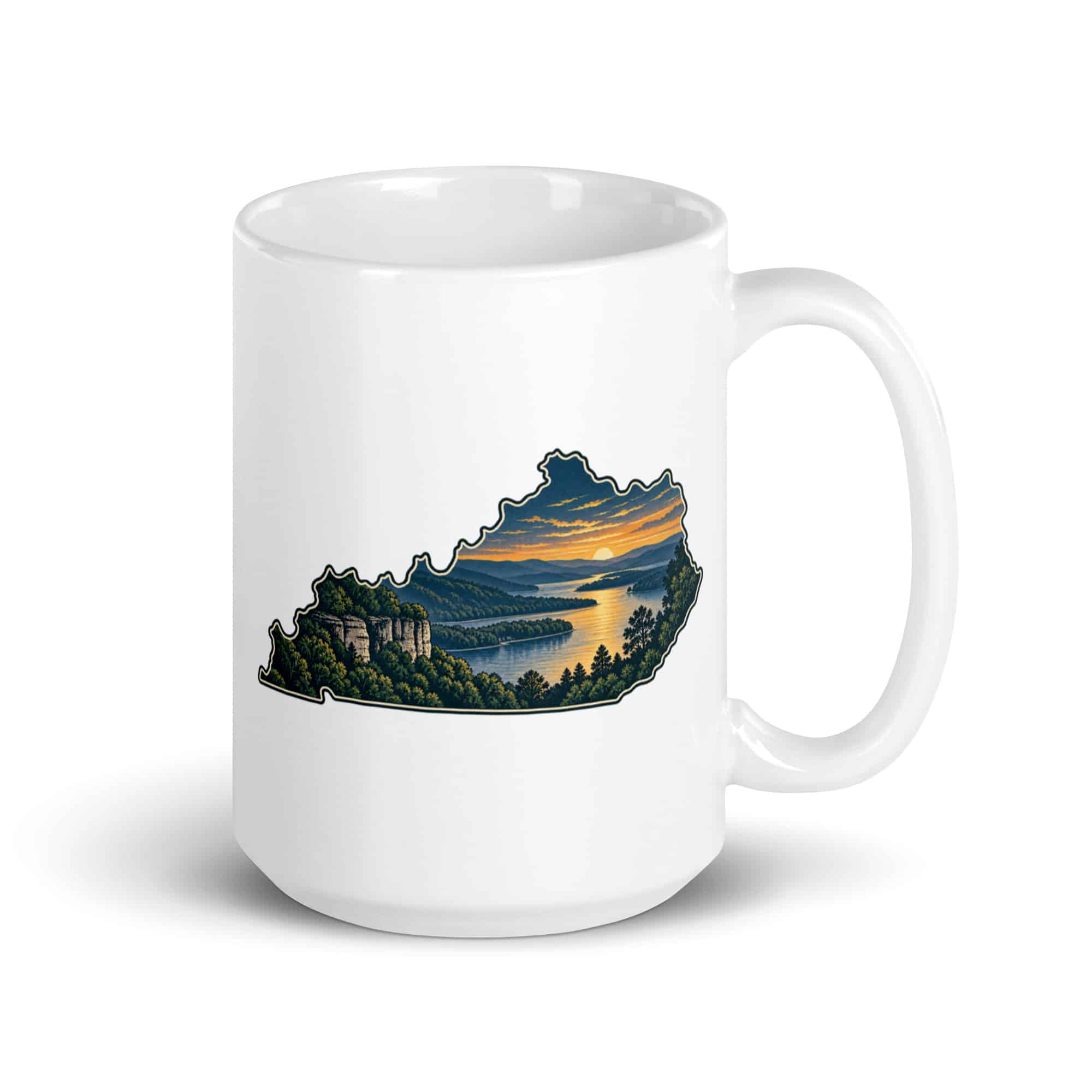 Kentucky White Ceramic Coffee Mug: River valley at sunset, Illustrated Kentucky Silhouette