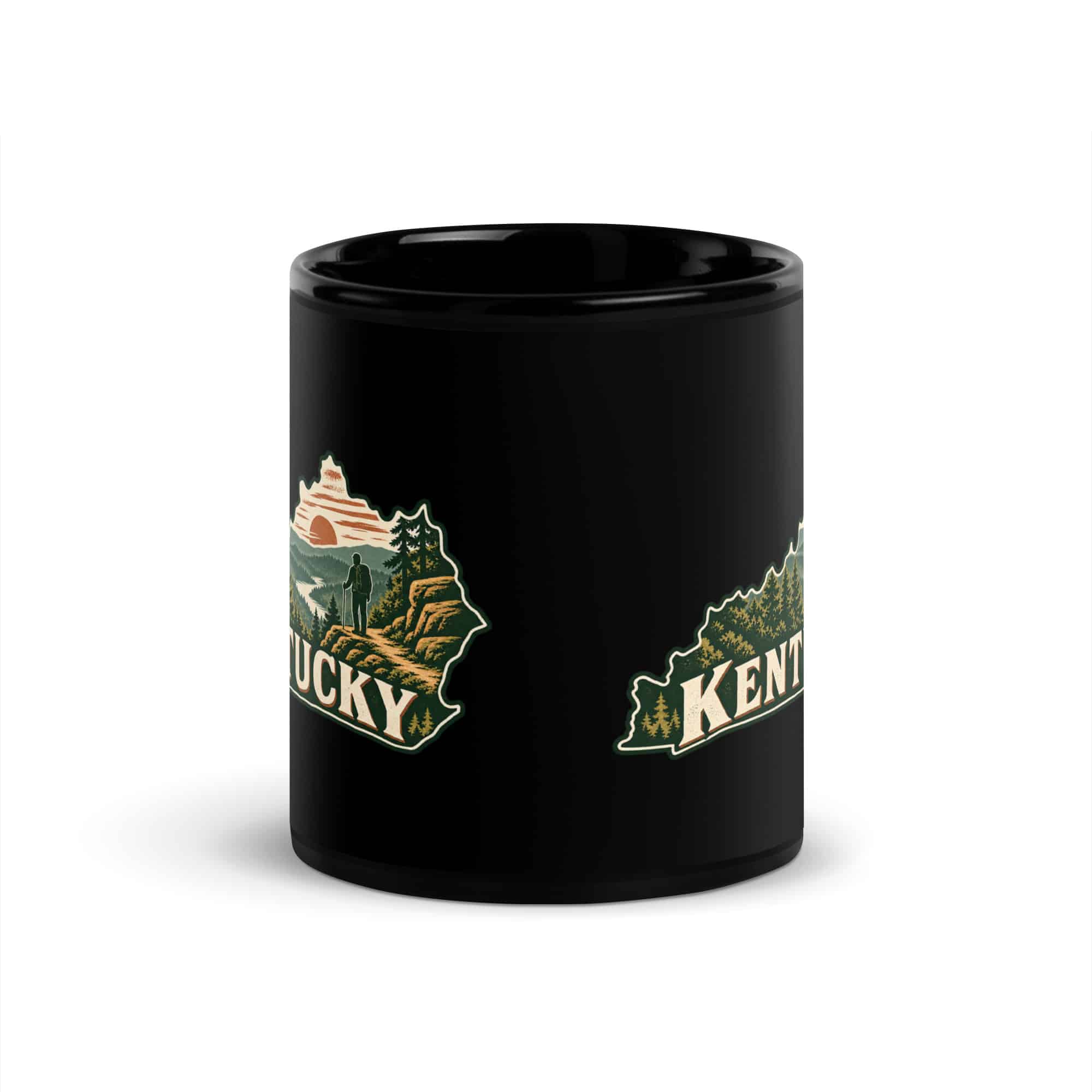 Kentucky Black Coffee Mug: Forest trail and hiking silhouette, Vintage Kentucky Silhouette