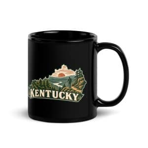 Kentucky Black Coffee Mug: Forest trail and hiking silhouette, Vintage Kentucky Silhouette - 11 oz - Handle on Right