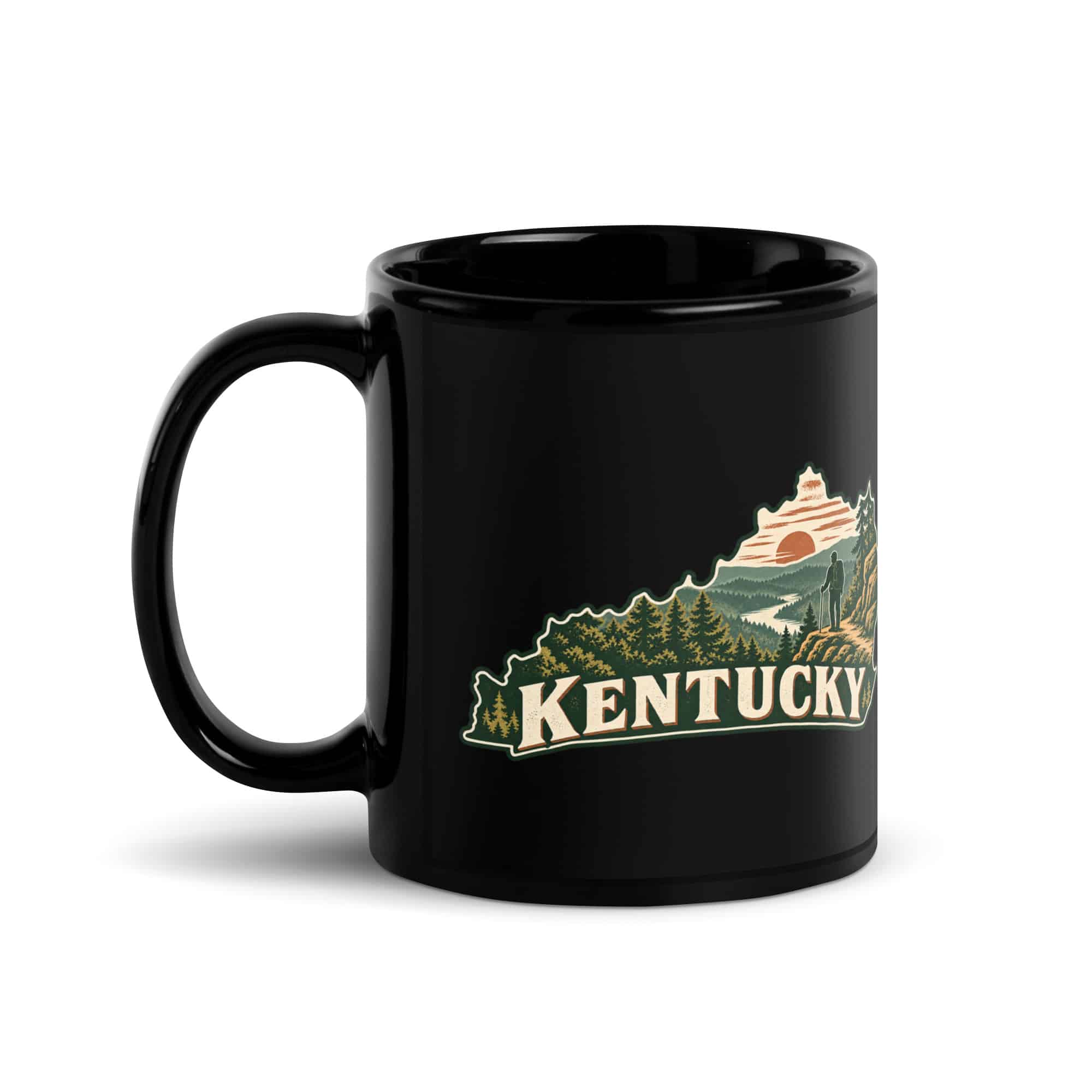 Kentucky Black Coffee Mug: Forest trail and hiking silhouette, Vintage Kentucky Silhouette