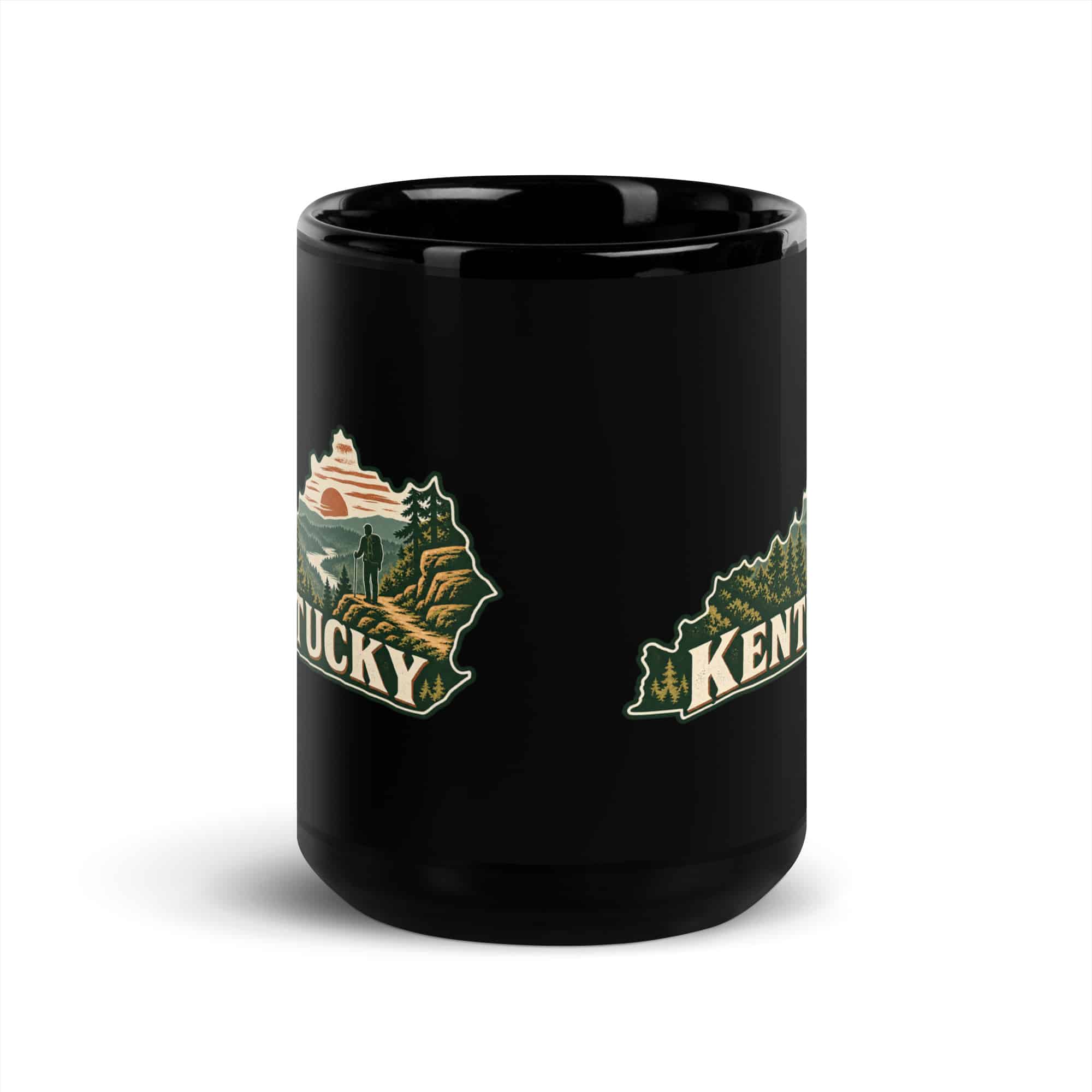 Kentucky Black Coffee Mug: Forest trail and hiking silhouette, Vintage Kentucky Silhouette
