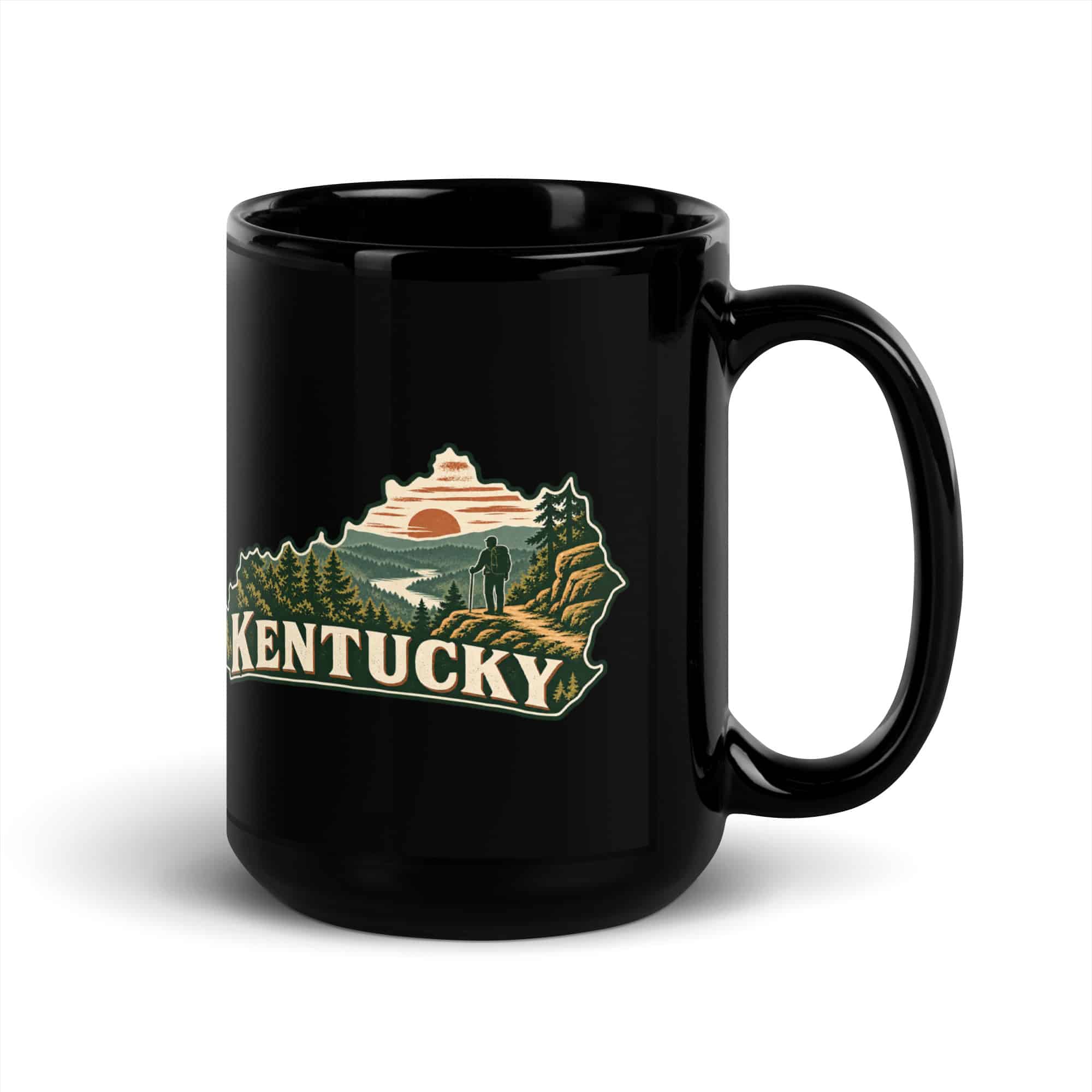Kentucky Black Coffee Mug: Forest trail and hiking silhouette, Vintage Kentucky Silhouette