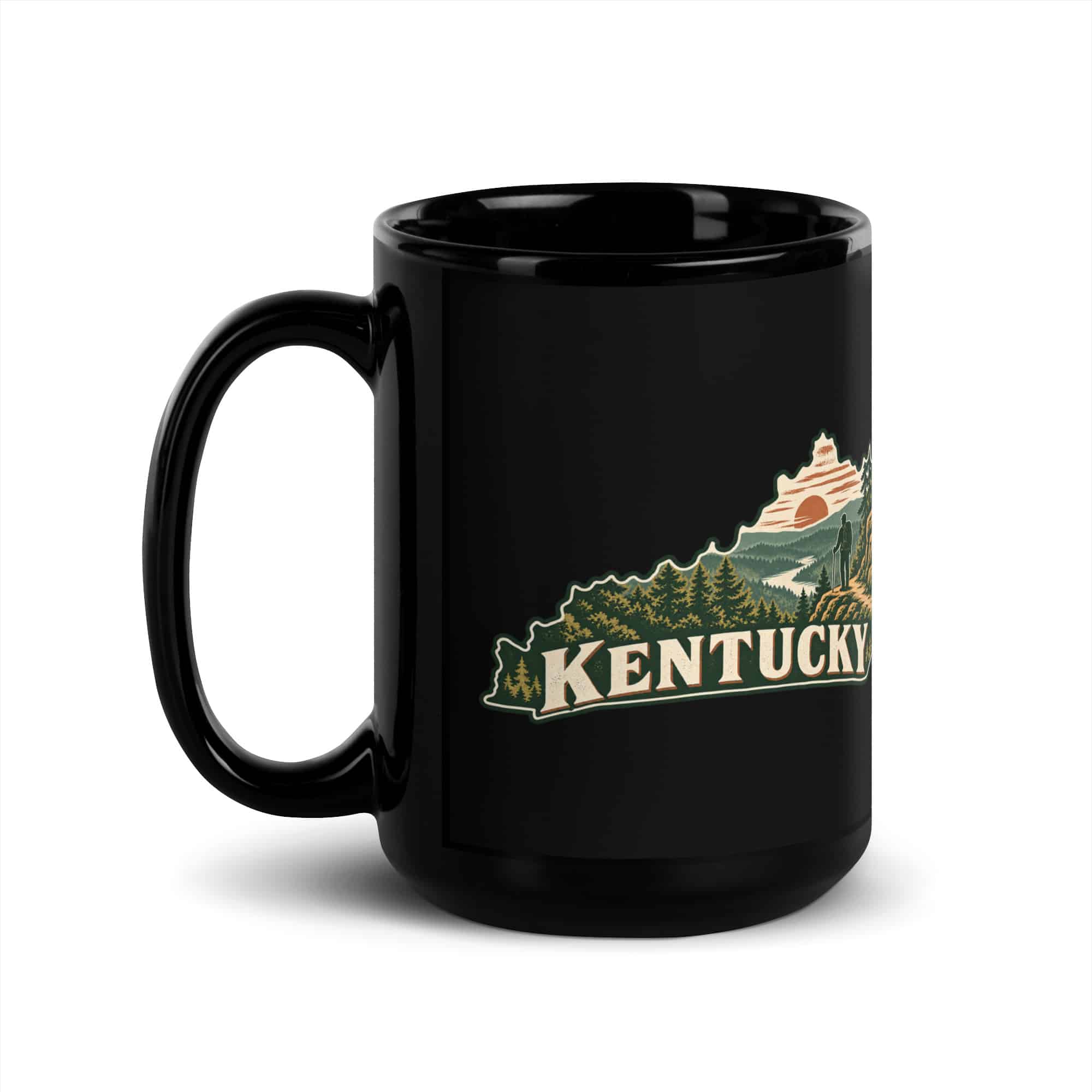Kentucky Black Coffee Mug: Forest trail and hiking silhouette, Vintage Kentucky Silhouette