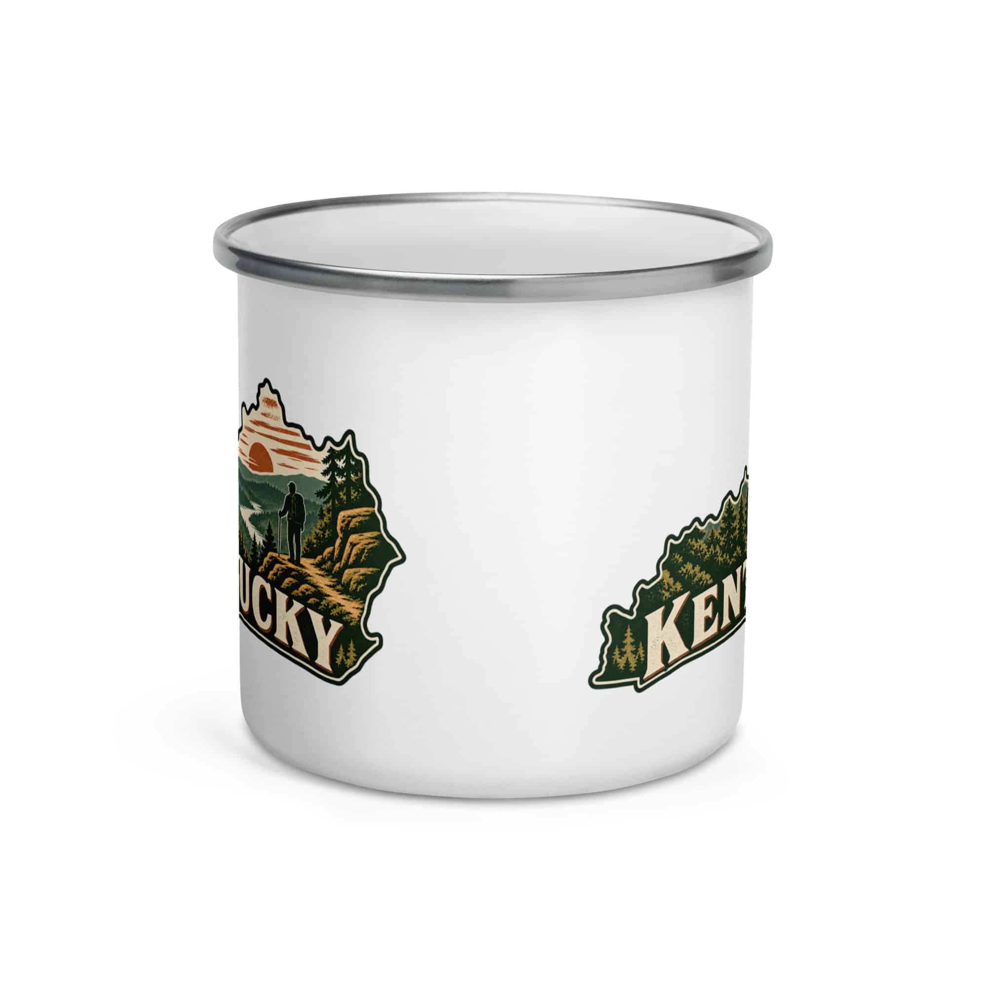 Kentucky Enamel Camp Mug: Forest trail and hiking silhouette, Vintage Kentucky Silhouette