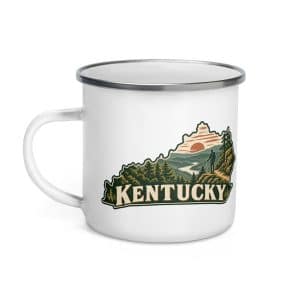 Kentucky Enamel Camp Mug: Forest trail and hiking silhouette, Vintage Kentucky Silhouette - 12 oz - Left