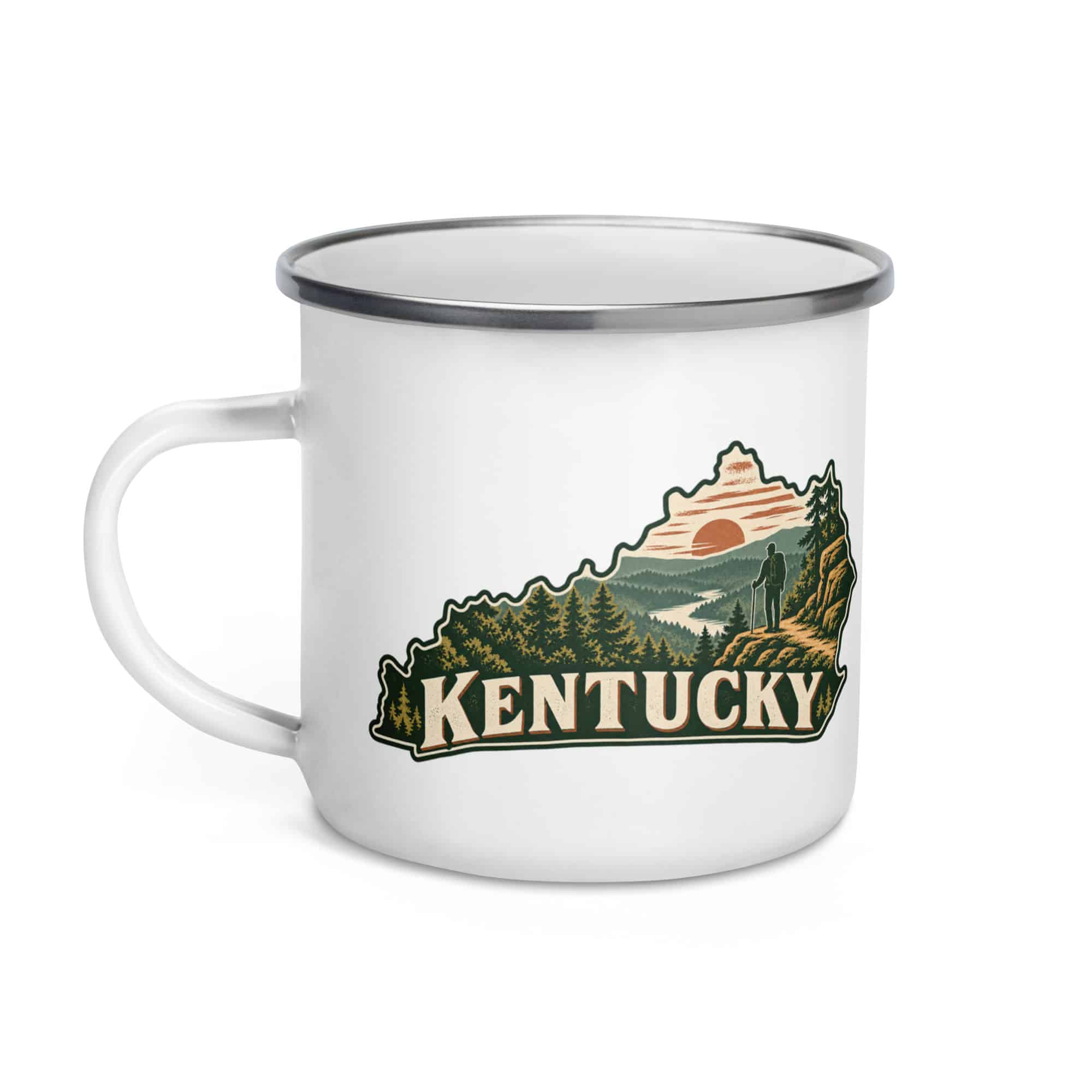 Kentucky Enamel Camp Mug: Forest trail and hiking silhouette, Vintage Kentucky Silhouette