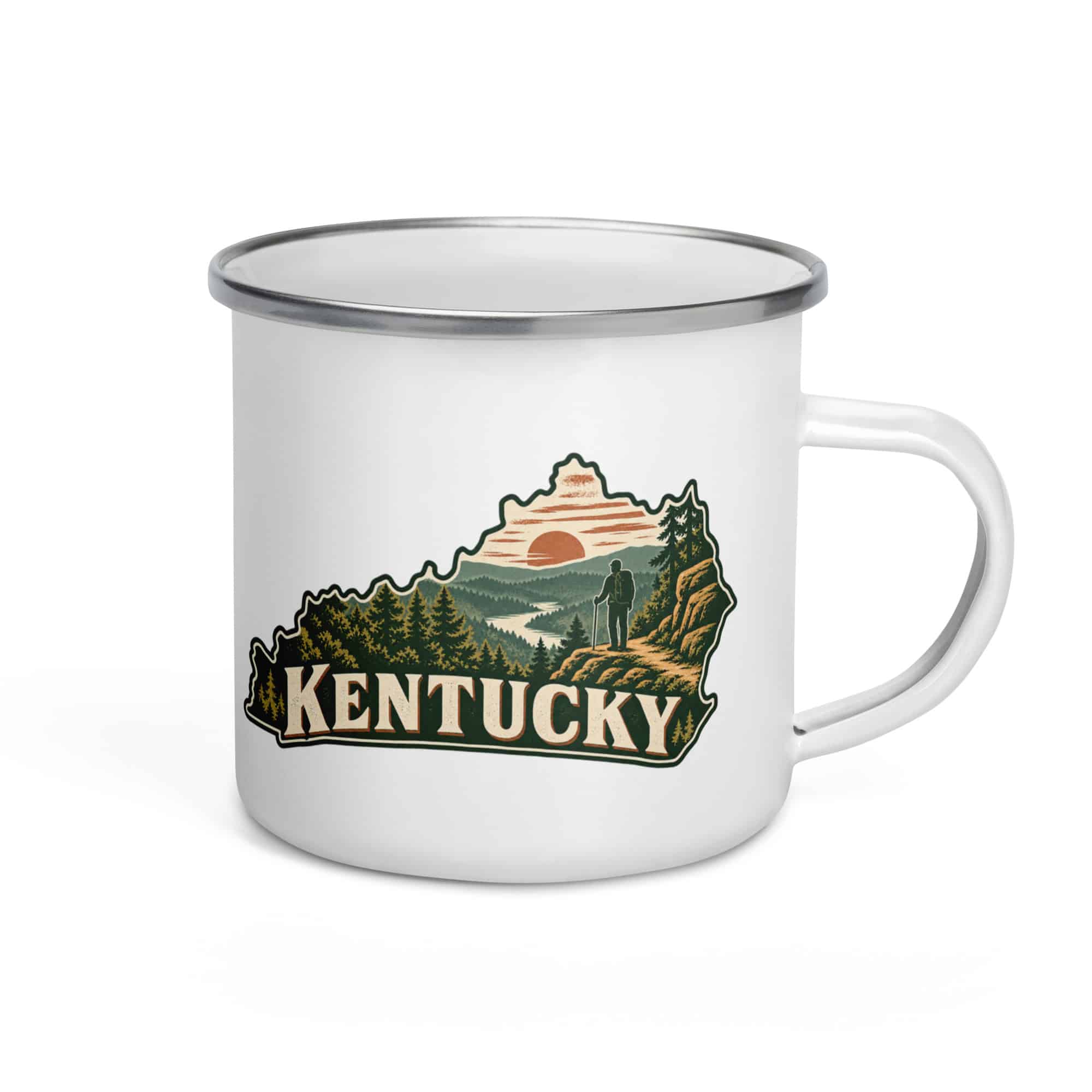 Kentucky Enamel Camp Mug: Forest trail and hiking silhouette, Vintage Kentucky Silhouette