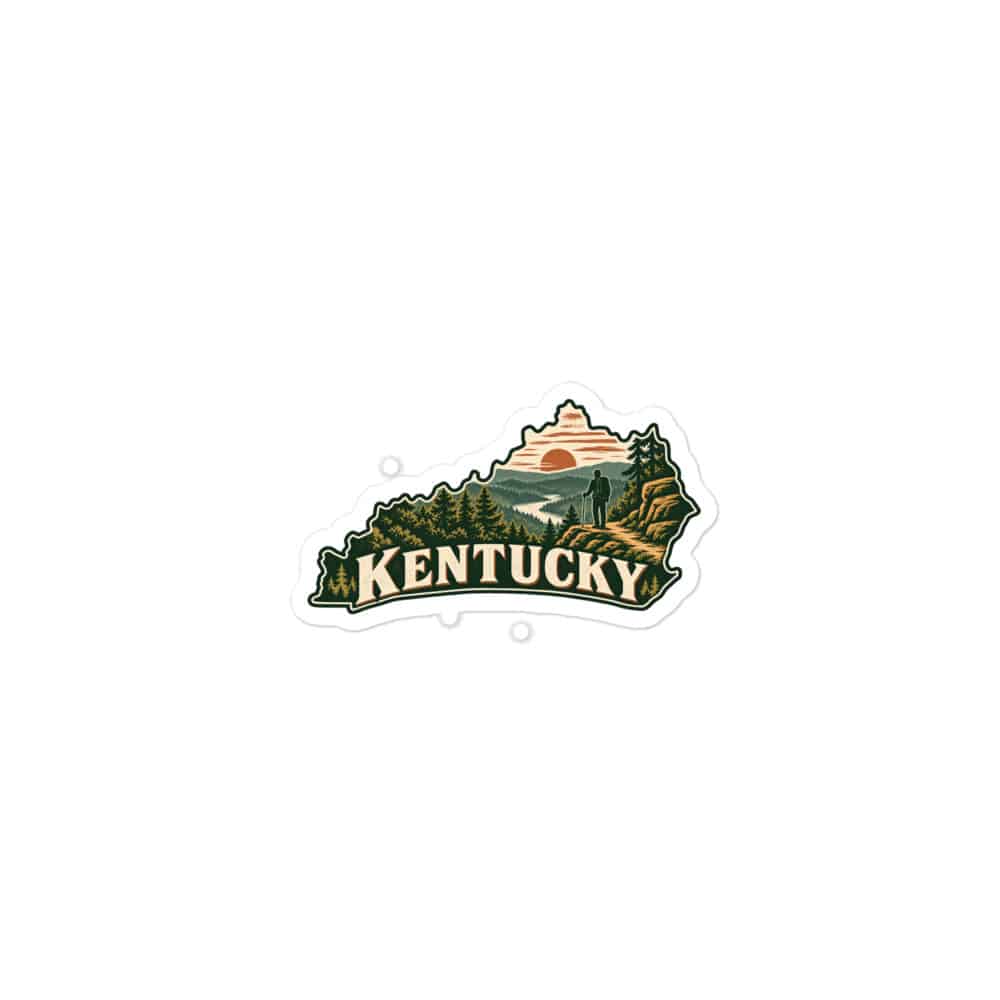 Kentucky Vinyl Sticker: Forest trail and hiking silhouette, Vintage Kentucky Silhouette