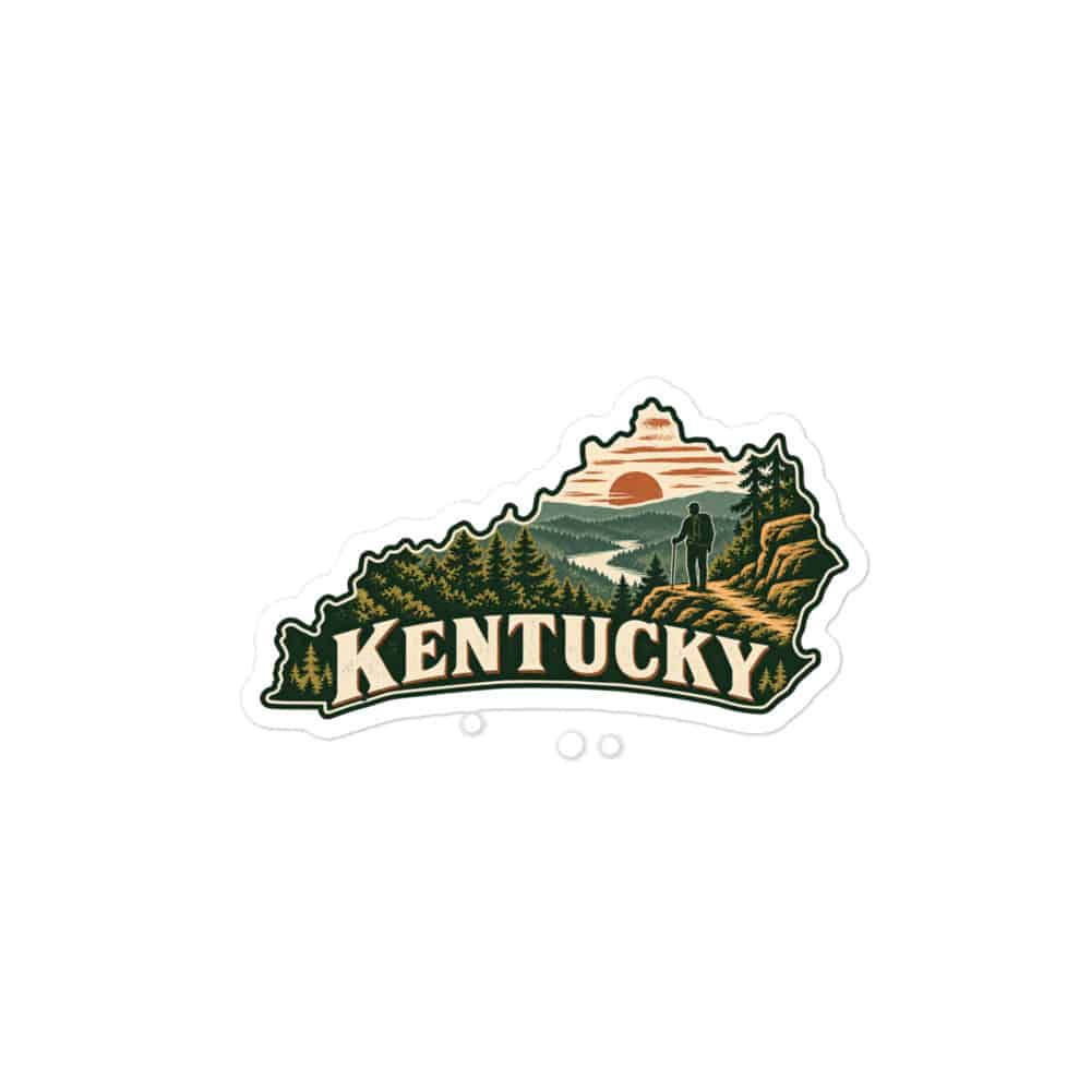 Kentucky Vinyl Sticker: Forest trail and hiking silhouette, Vintage Kentucky Silhouette