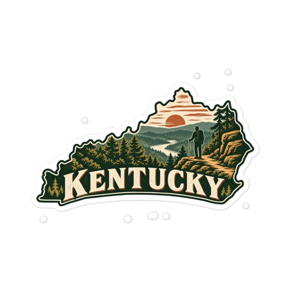 Kentucky Vinyl Sticker: Forest trail and hiking silhouette, Vintage Kentucky Silhouette
