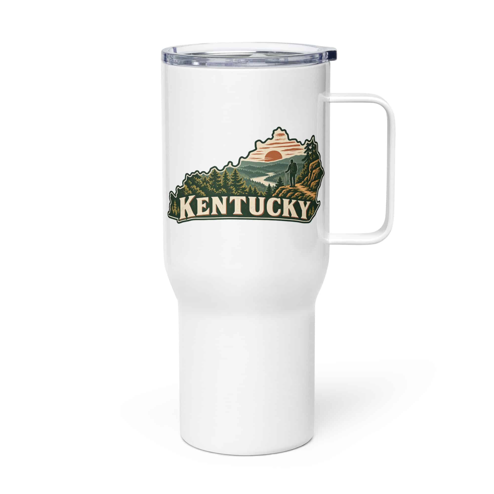 Kentucky Travel Mug: Forest trail and hiking silhouette, Vintage Kentucky Silhouette