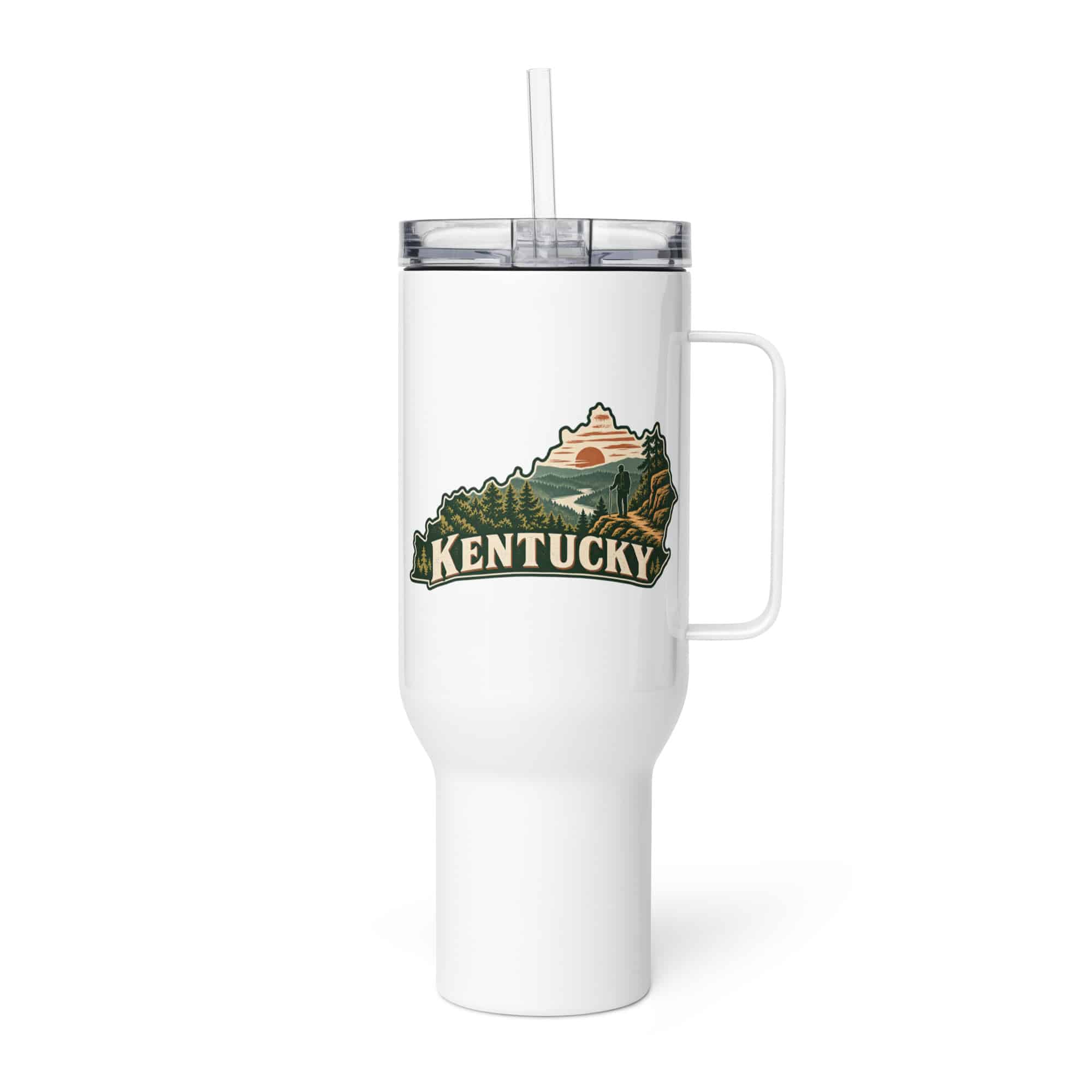 Kentucky Travel Mug: Forest trail and hiking silhouette, Vintage Kentucky Silhouette