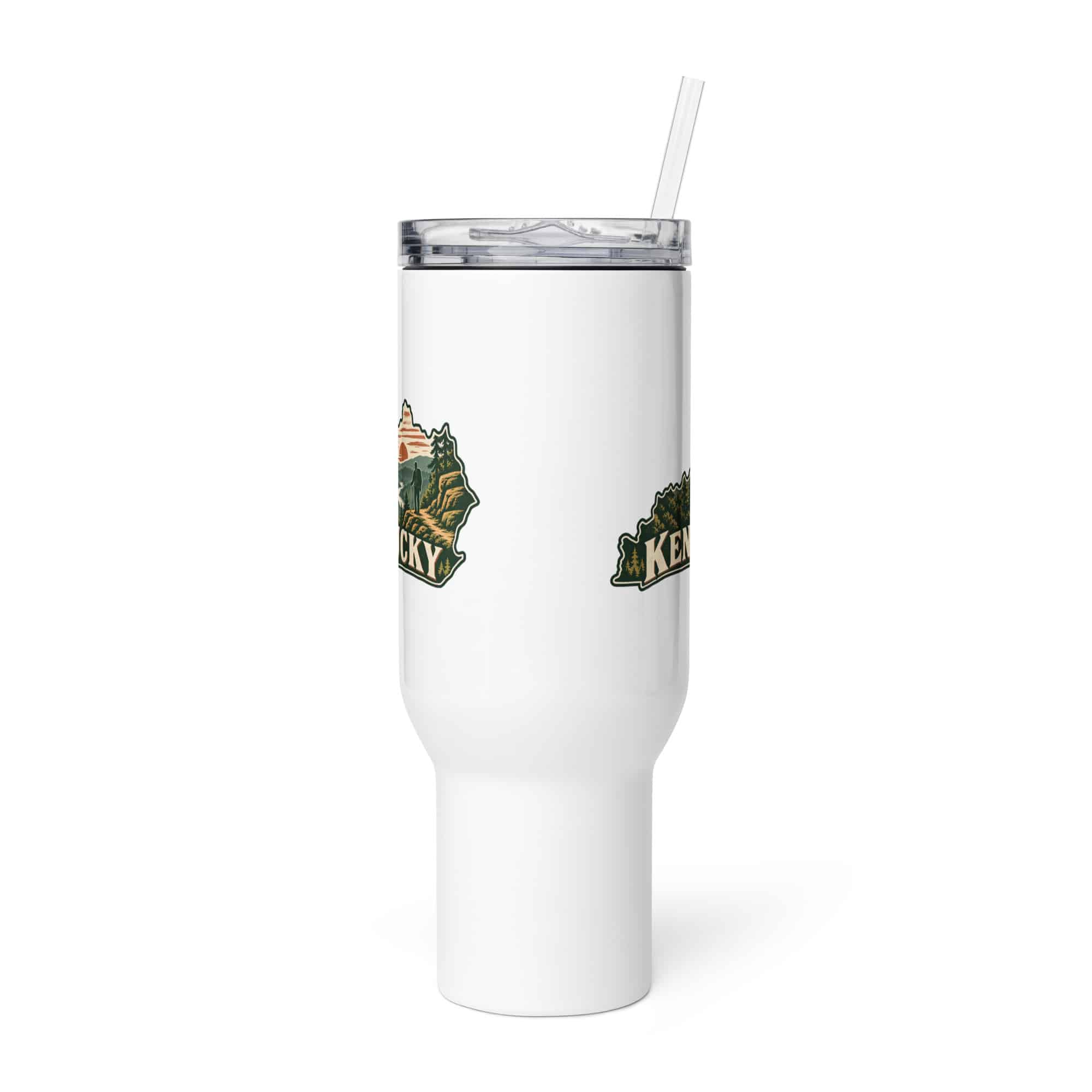 Kentucky Travel Mug: Forest trail and hiking silhouette, Vintage Kentucky Silhouette
